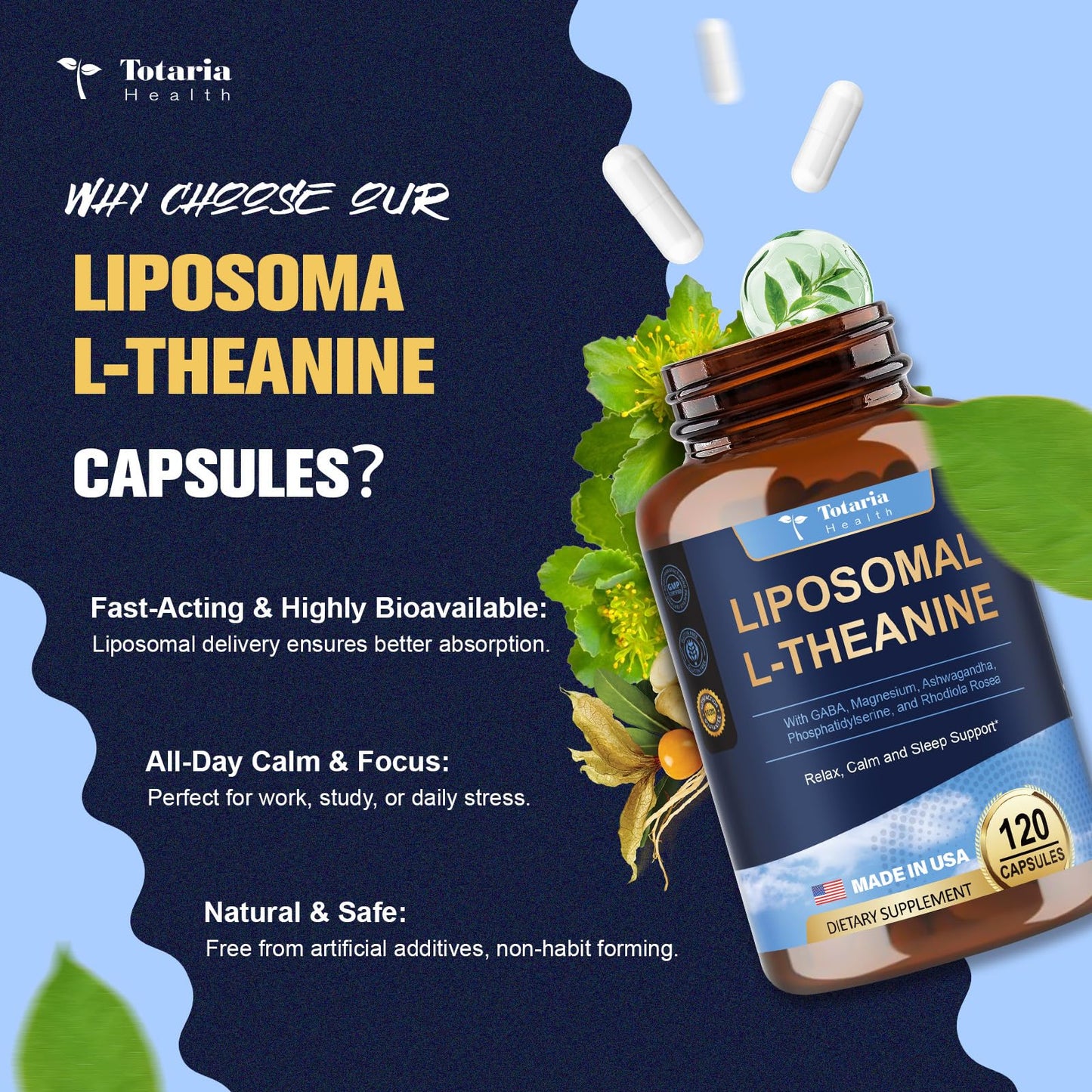 Liposomal L-Theanine Supplement 750mg with GABA,Ashwagandha,Magnesium Glycinate,Rhodiola Rosea,Phosphatidylserine Complex Supplements for Men and Women Mood |Focus | Sleep Support 120 Capsules