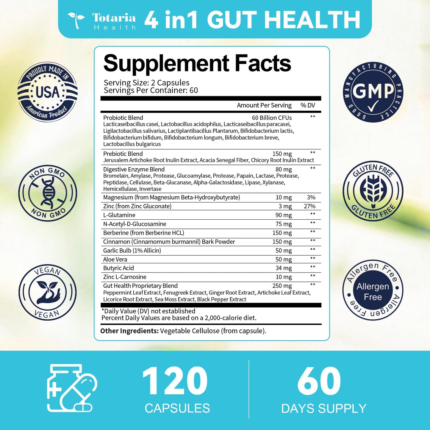 4-in-1 Gut Health Supplement with Probiotics, Prebiotics, Postbiotics & Digestive Enzymes for Women & Men, 60 Billion CFU Probiotics for Gut and Digestion, Strong Immunity, Skin (120 Capsules)