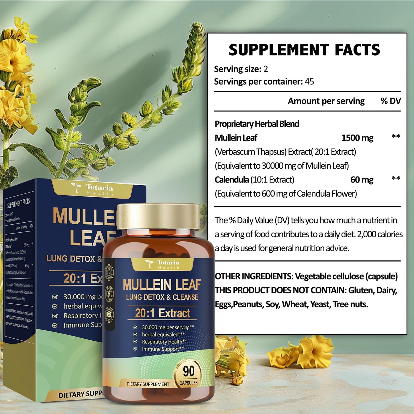 Mullein Leaf Extract for Lungs with 30000mg Mullein Leaf per Serving, Mullein Capsules with Calendula for Lung Detox & Cleanse, Herbal Supplements for Respiratory Health & Immunity - 90 Vegan Caps
