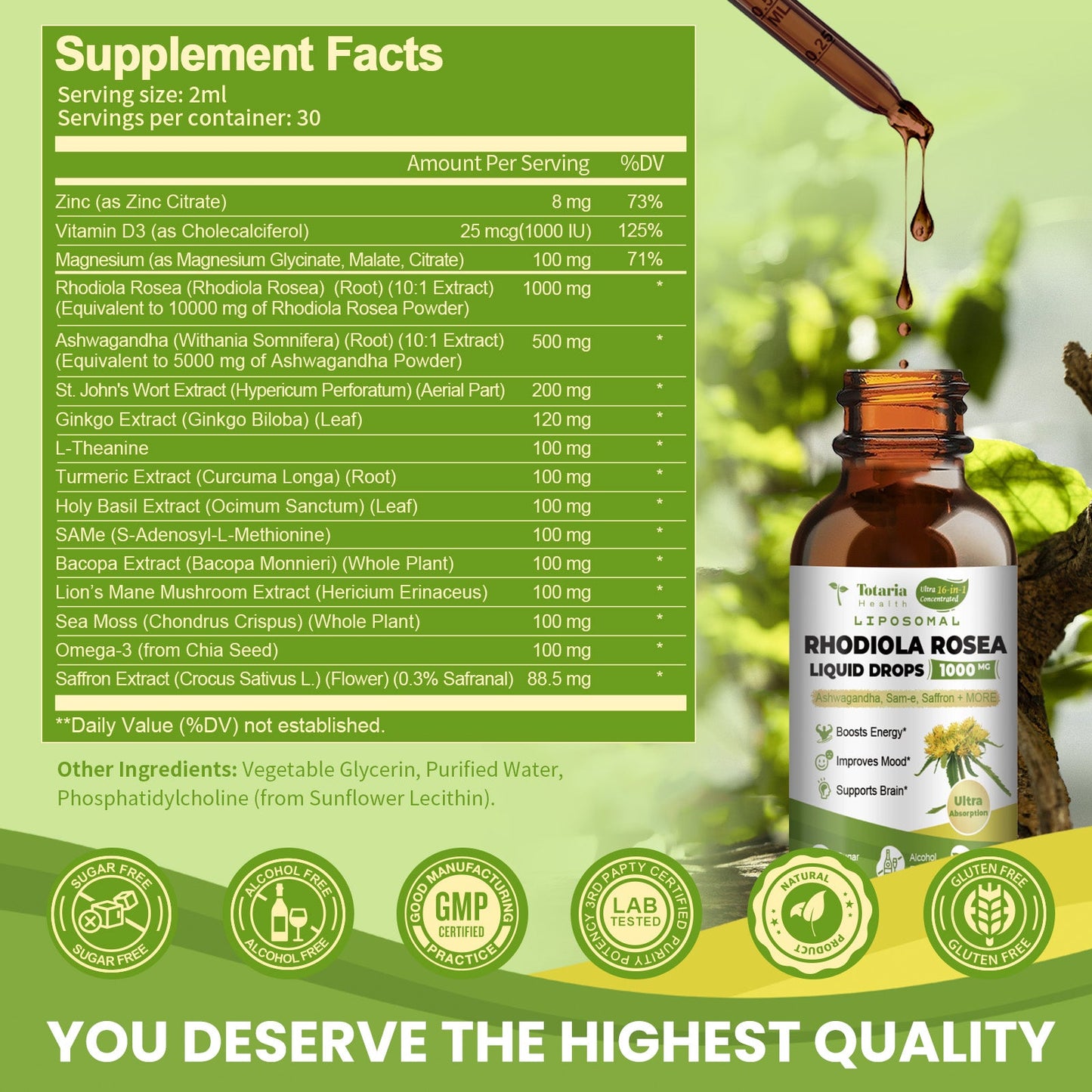 Liposomal Rhodiola Rosea Tincture, Ultra Strength Rhodiola Supplement with Ashwagandha, Saffron, Magnesium, SAM-e, Rhodiola Rosea Extract Liquid Drops for Natural Relaxation, Mood, Energy