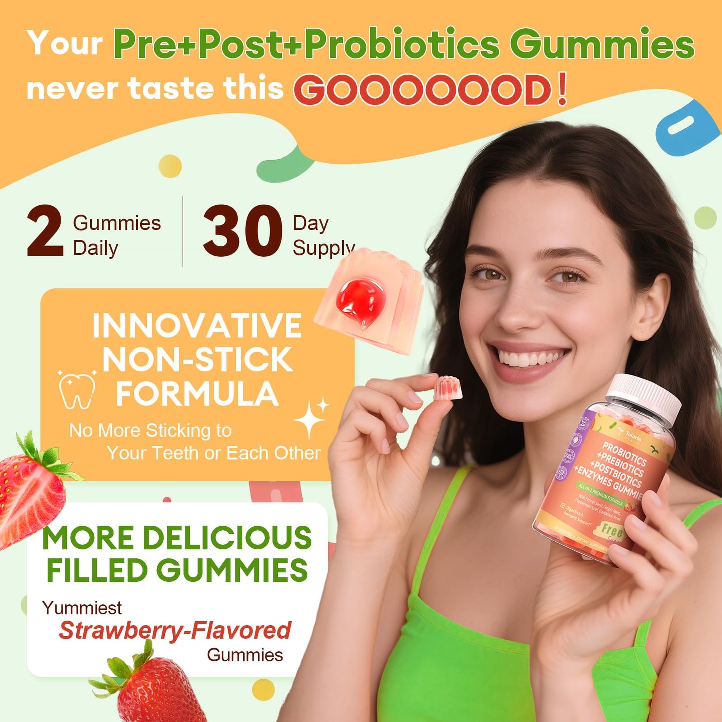 Sugar Free 5-in-1 Probiotic Prebiotic Postbiotic Gummy, Probiotics for Women Men with Digestive Enzymes, Peppermint, Complete Immune, Gut & Digestive Support, Vegan, 60 Cts, Strawberry Flavor