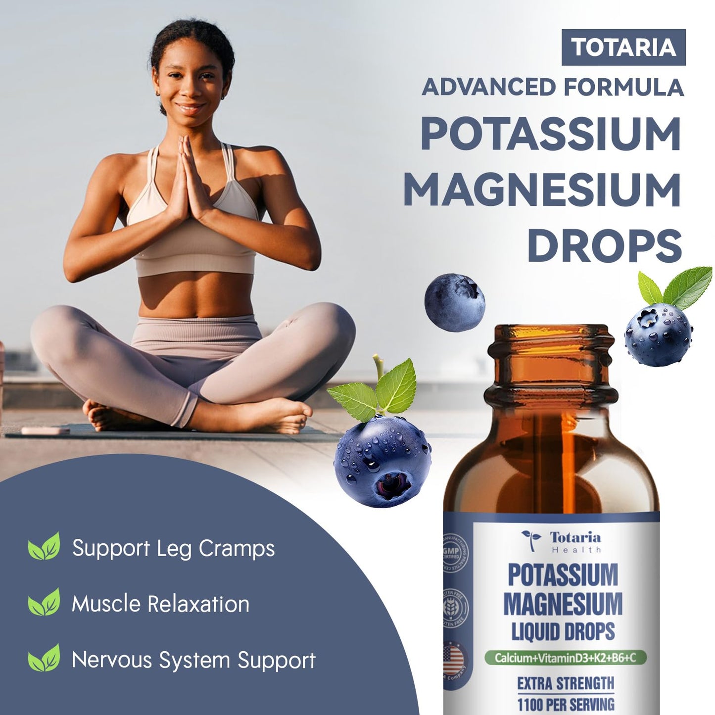 Potassium Magnesium Supplement Liquid Drops - Potassium 200mg & 600mg Triple Complex Magnesium Glycinate Liquid Citrate Oil High Absorption Potasio Support Bone, Muscle, Leg Cramps, Blueberry