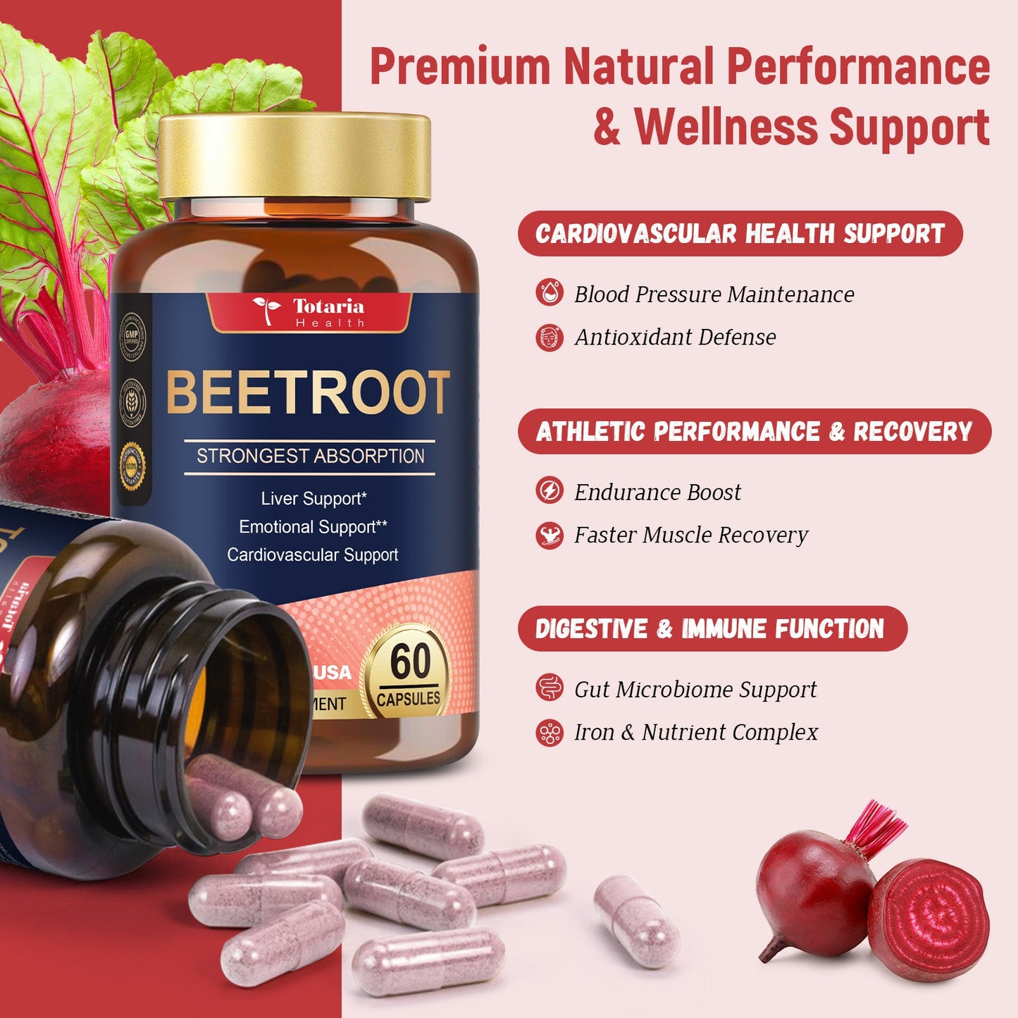 Organic Beet Root Capsules – 1300mg Beetroot Powder for Natural Energy & Endurance, Liver, Mood & Heart Support, Non-GMO, GMP Certified, High Absorption | 60 Vegan Capsules