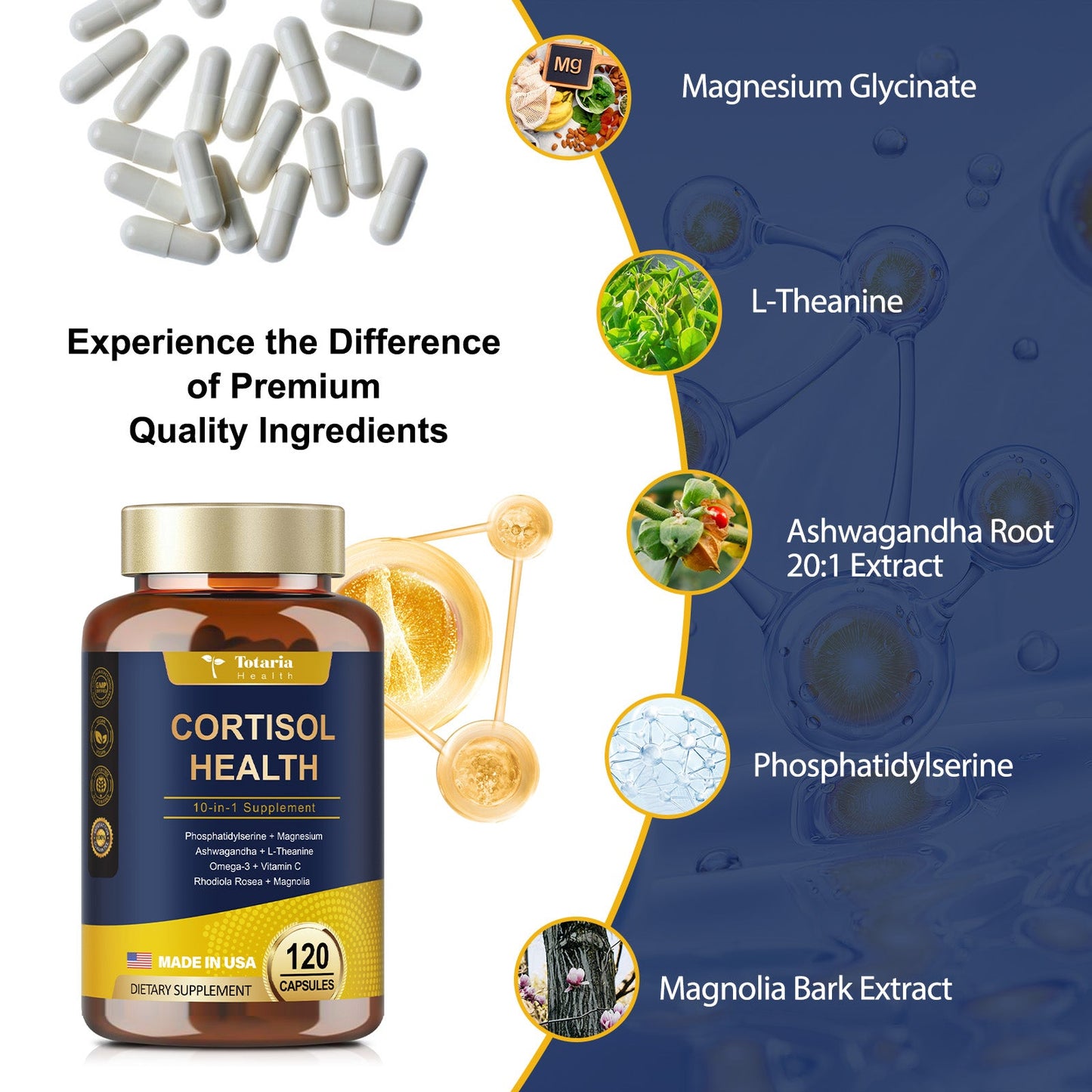Cortisol Supplement with Ashwagandha,Magnesium,Rhodiola Rosea,L Theanine,Hormone Balance for Mood, Focus, Sleep Support 120 Vegan Capsules