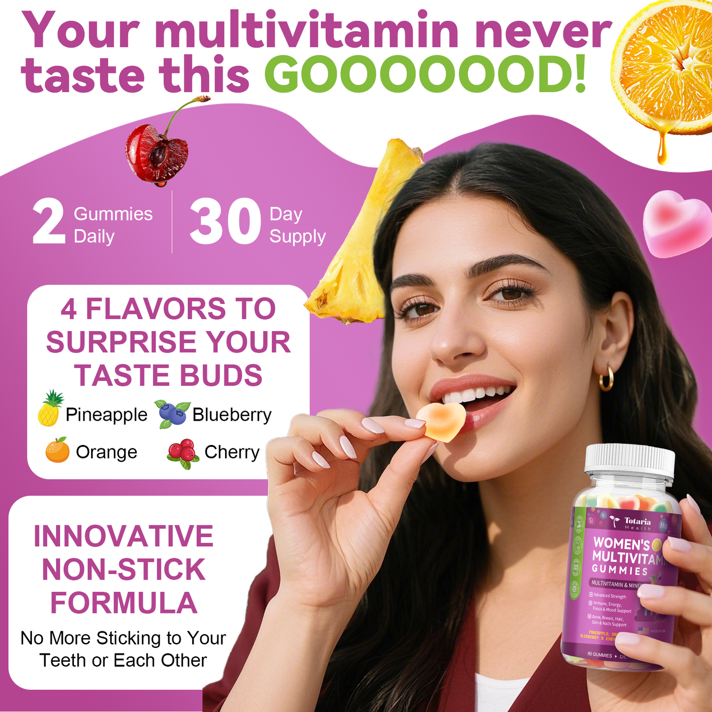 Sugar Free Multivitamin Gummies for Women 14+ w/Iron, Inositol, Folate, Biotin, Womens Daily Multivitamin Gummy w/Vitamin A, D, C, B, Support Hair, Skin, Energy, Immune