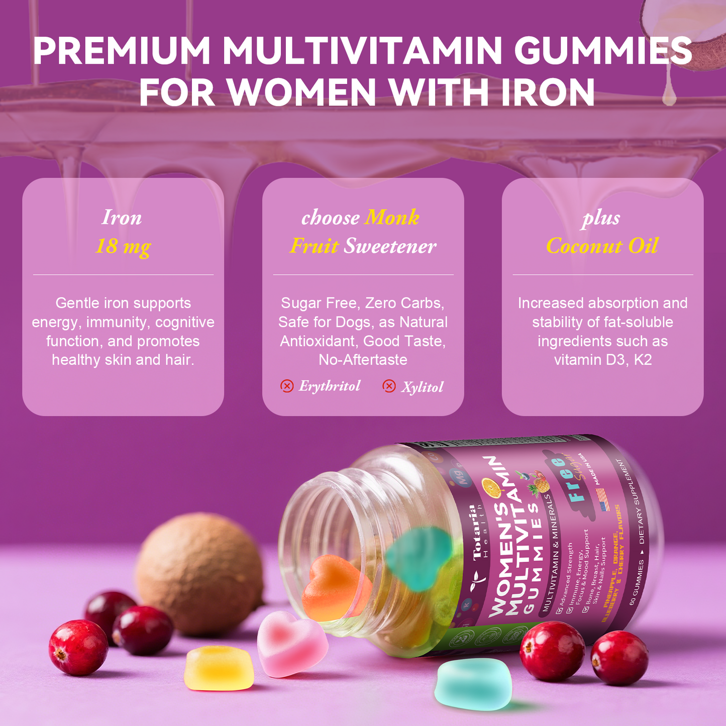 Sugar Free Multivitamin Gummies for Women 14+ w/Iron, Inositol, Folate, Biotin, Womens Daily Multivitamin Gummy w/Vitamin A, D, C, B, Support Hair, Skin, Energy, Immune