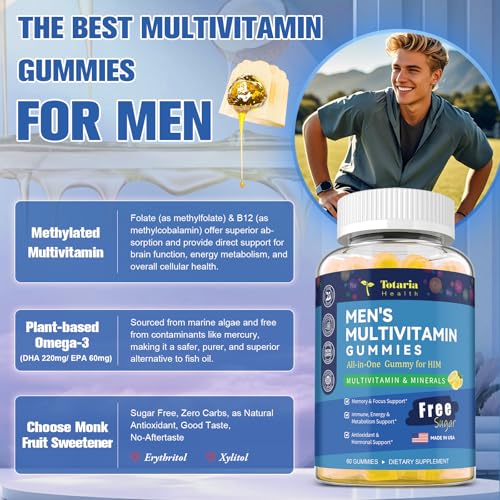 Sugar Free Men's Multivitamin Gummies w/Vegan Omega 3, Maca, Saw Palmetto, Vitamin A, B, C, E, D3, K, Zinc, Daily Methylated Multivitamins for Men, for Immunity, Energy, Lemon Flavor, 60 Counts
