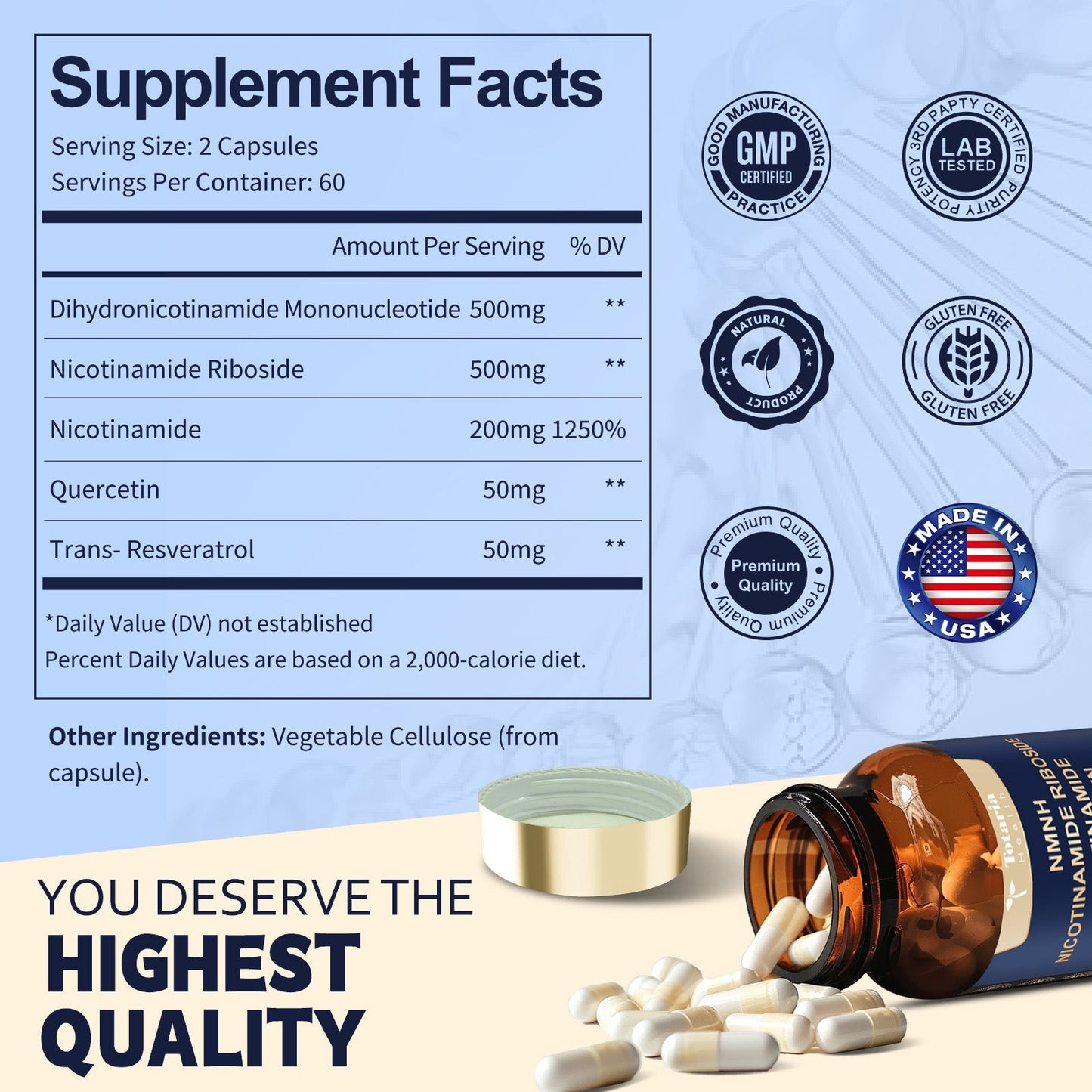 NMNH (Dihydronicotinamide Mononucleotide), NMN Supplement Alternative w/ Niacinamide (Vitamin B3), Quercetin, Trans-Resveratrol, Support NAD+, Skin Cell Health*, Anti-aging & Energy, 120 Caps