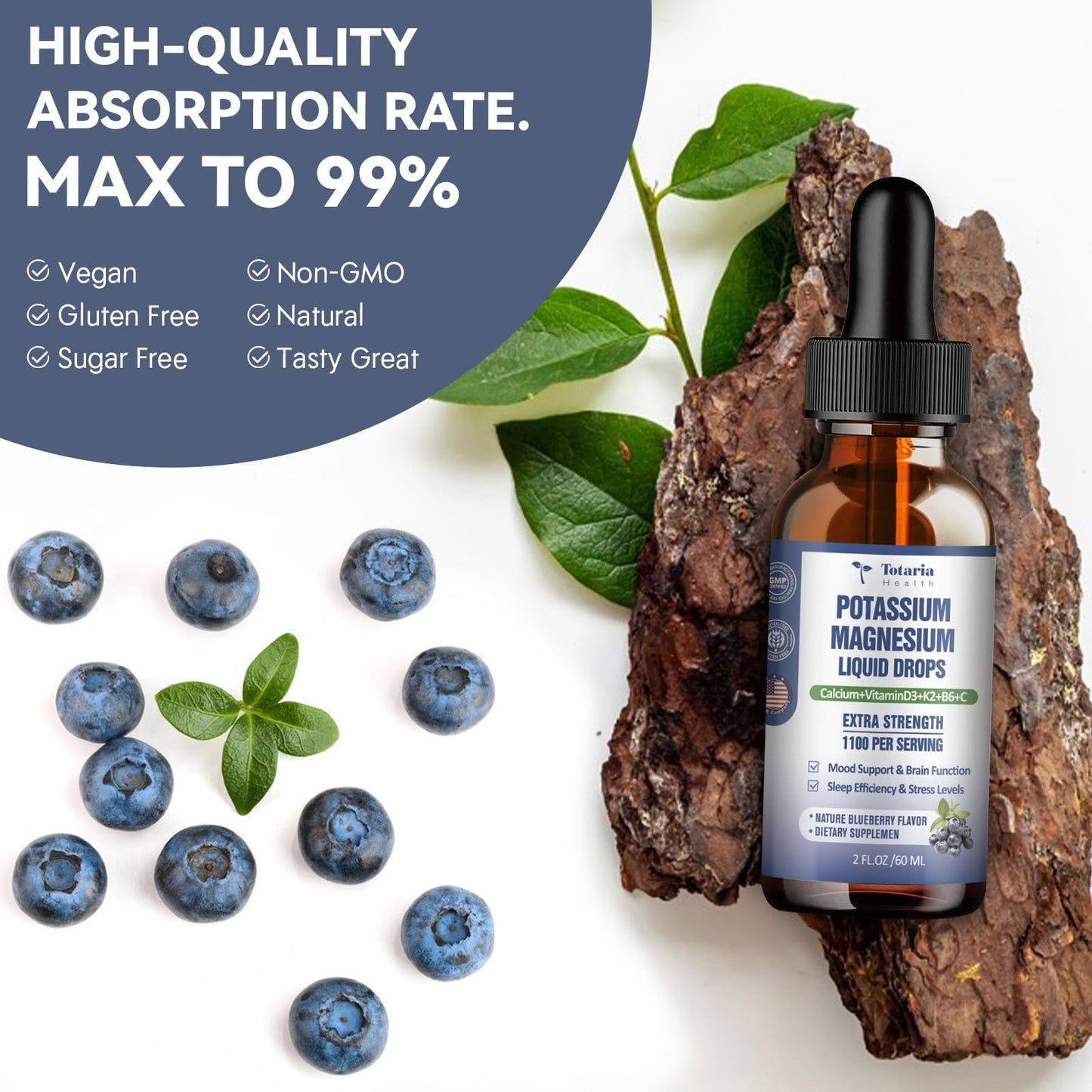 Potassium Magnesium Supplement Liquid Drops - Potassium 200mg & 600mg Triple Complex Magnesium Glycinate Liquid Citrate Oil High Absorption Potasio Support Bone, Muscle, Leg Cramps, Blueberry