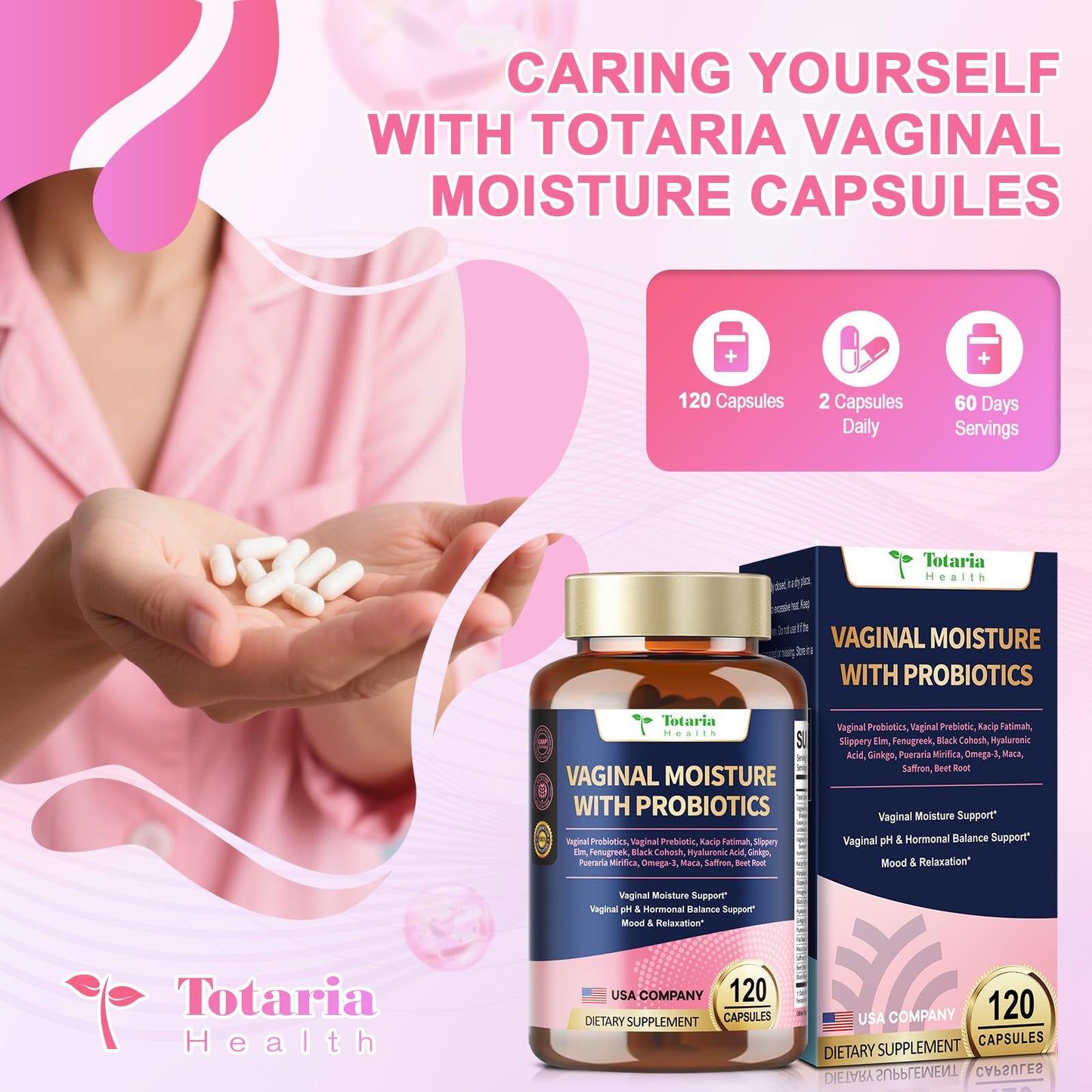 30-in-1 Vaginal Moisture Plus with Probiotics - Vaginal Probiotics & Prebiotic Blend - Vaginal Moisturizer Capsules for Women pH & Hormonal Balance, Hydration & Comfort, Mood & Relaxation - 120 Caps