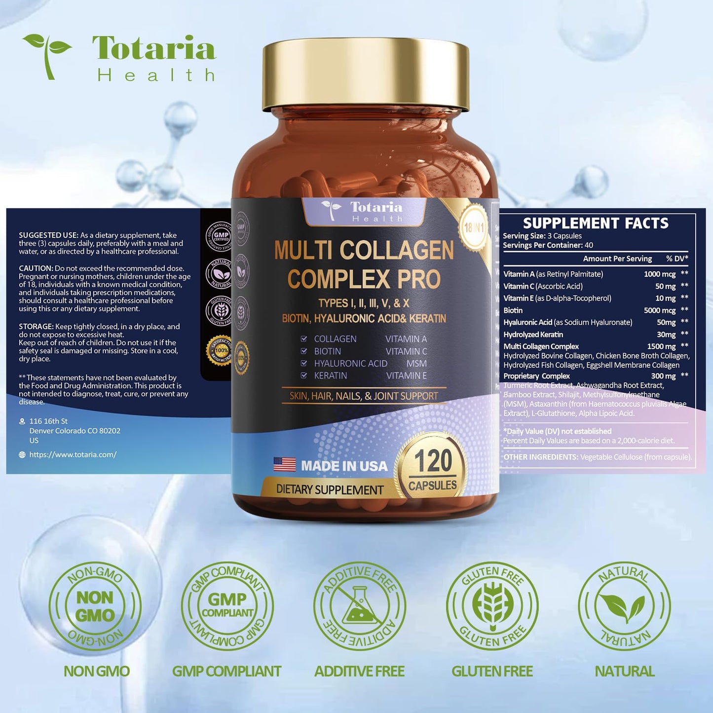 18-in-1 Collagen Pro with Hyaluronic Aicd, Keratin, Biotin, VIT A C & E for Skin, Hair, Nails, Joint & Beauty - Multi Collagen Peptides Capsules with Type I II III V & X for Women & Men - 120 Caps