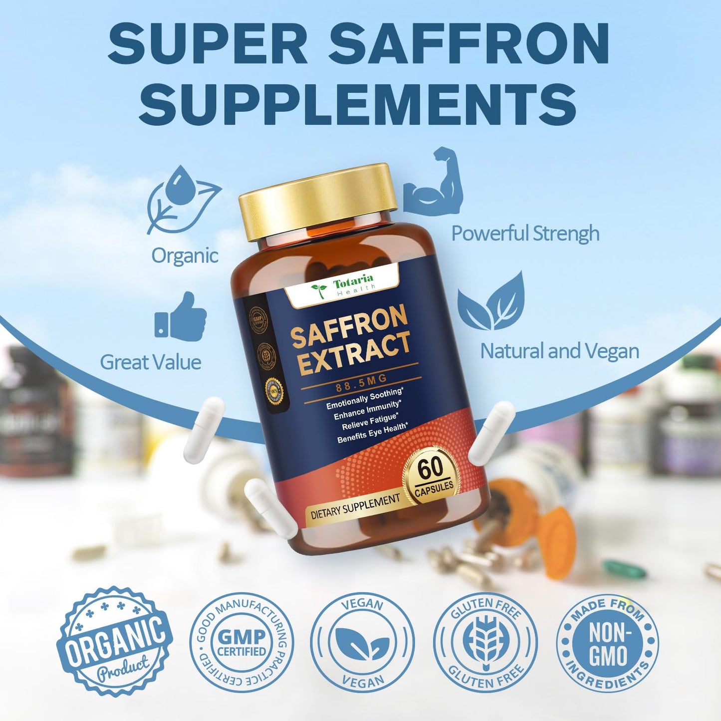 Organic Happy Saffron Supplements - 100% Organic Saffron Extract 88.5mg per Serving - with Prebiotic Fiber for Better Mood, Energy, Eyes, Immunity, Blood & Digestion, Men & Women, 60 Vegan Caps