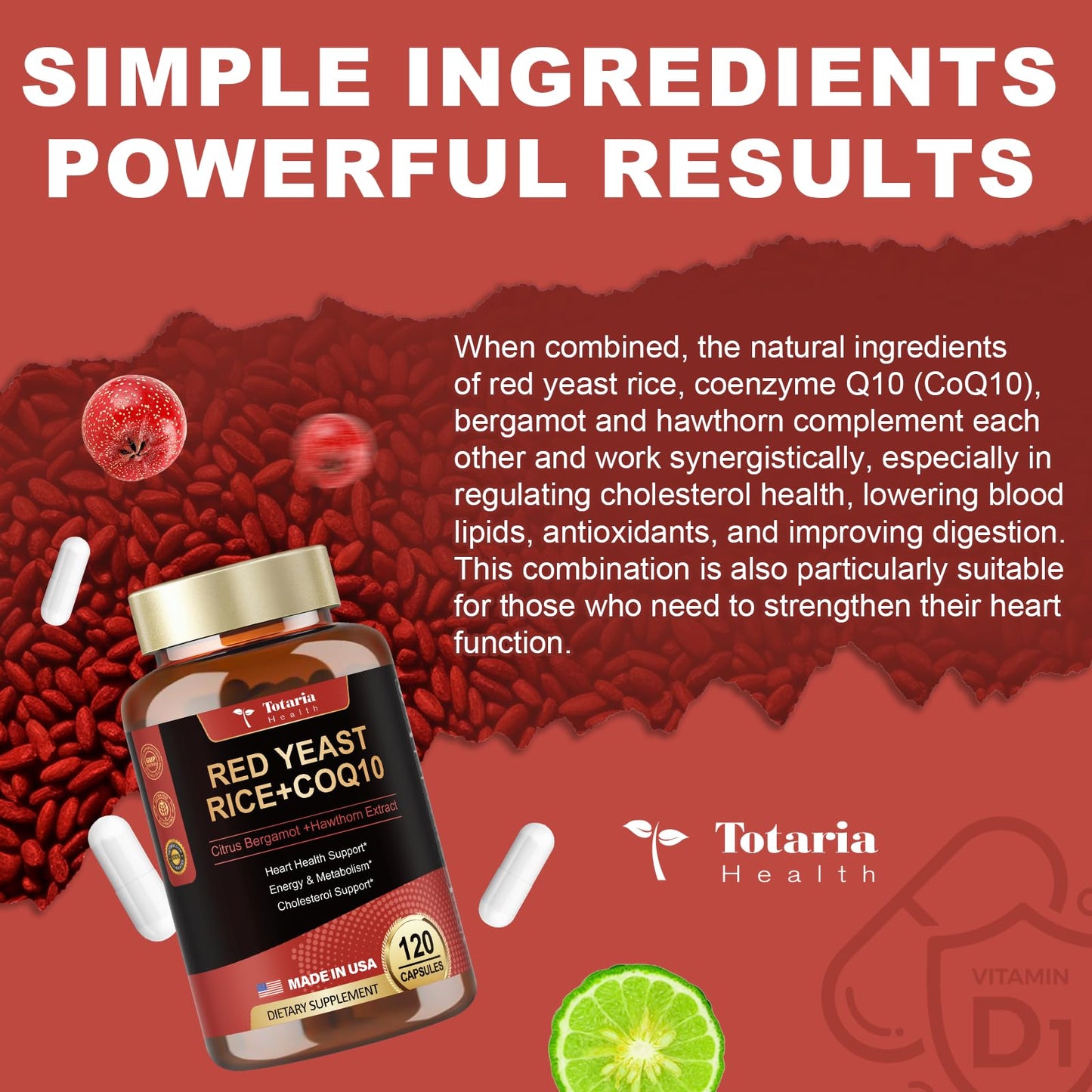 Red Yeast Rice with CoQ10 Supplement - Max Strength Red Yeast Rice 2,000 mg Capsules with CoQ10 100mg Plus Citrus Bergamot - Niacin-Free, Cholesterol & Energy Supplement 3rd-Party Tested Vegan Non-GMO
