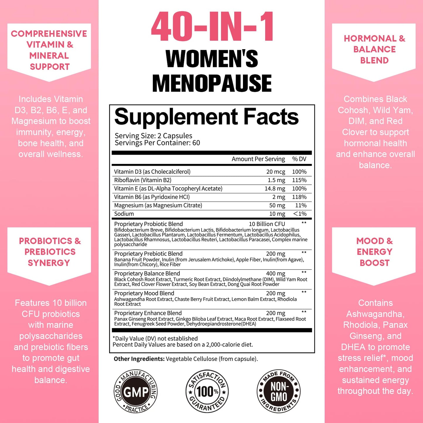 40-in-1 Menopause Supplements for Women, Multibenefit & Complete Black Cohosh for Hot Flashes, Night Sweats & Hormone Balance, w/ Probiotics, DIM, Vitex, Dong Quai, Red Clover and More, 120 Vegan Caps