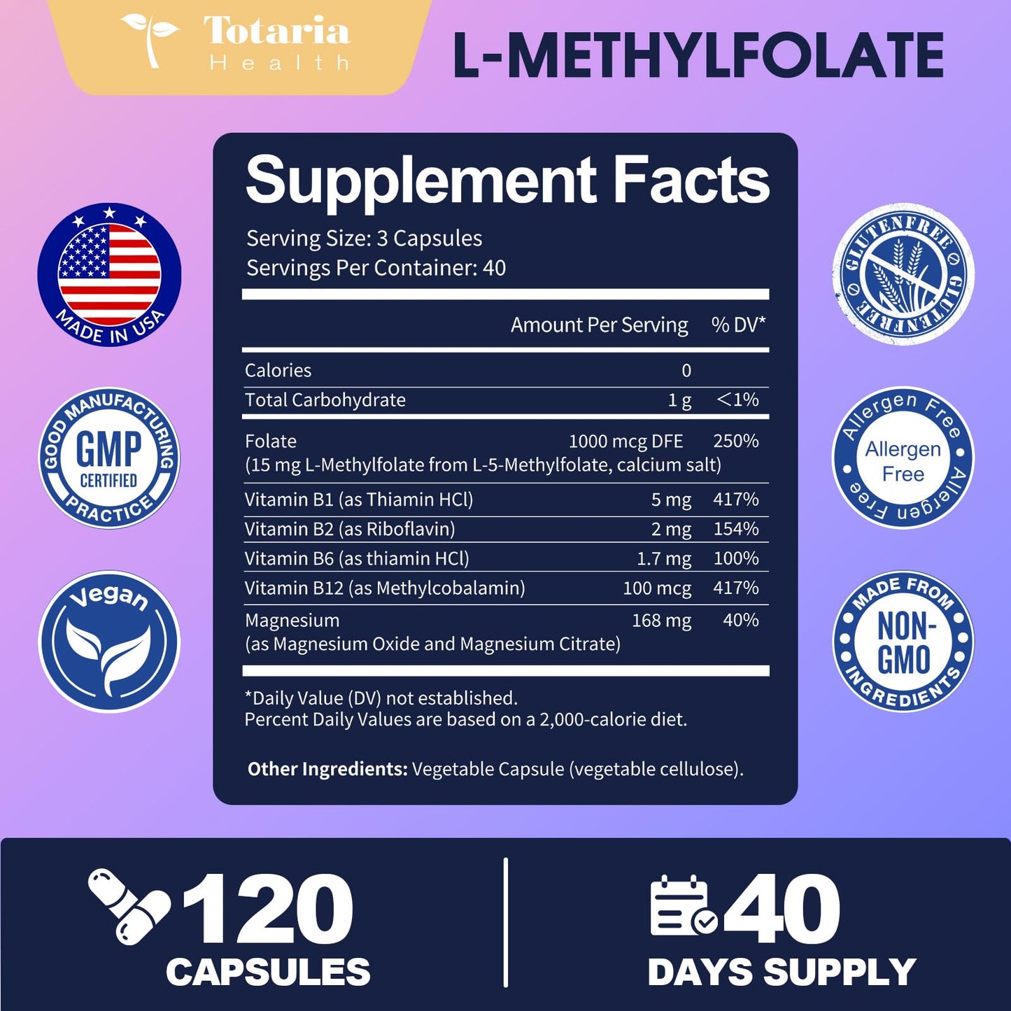L Methylfolate 15mg 5-MTHF with B-Complex & Dual Magnesium | Active 5-MTHF Form + Methyl B12 | Supports Methylation, Cellular Function & Energy Metabolism | Non-GMO, Gluten Free (120 Capsules)