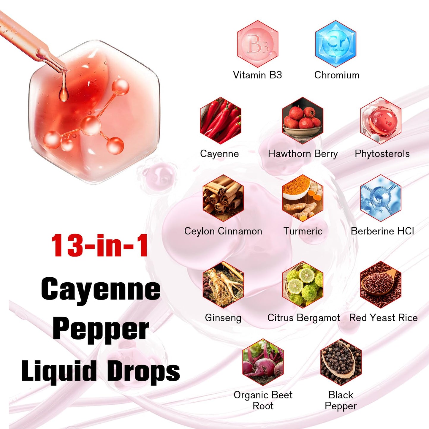 Cayenne Pepper Drops Liposomal Liquid Supplement, 13-in-1 Cayenne Pepper Drops with Vitamin B3, Hawthorn Berry, Panax Ginseng, Berberine, Beet Root, Ceylon Cinnamon, Turmeric Curcumin Extract