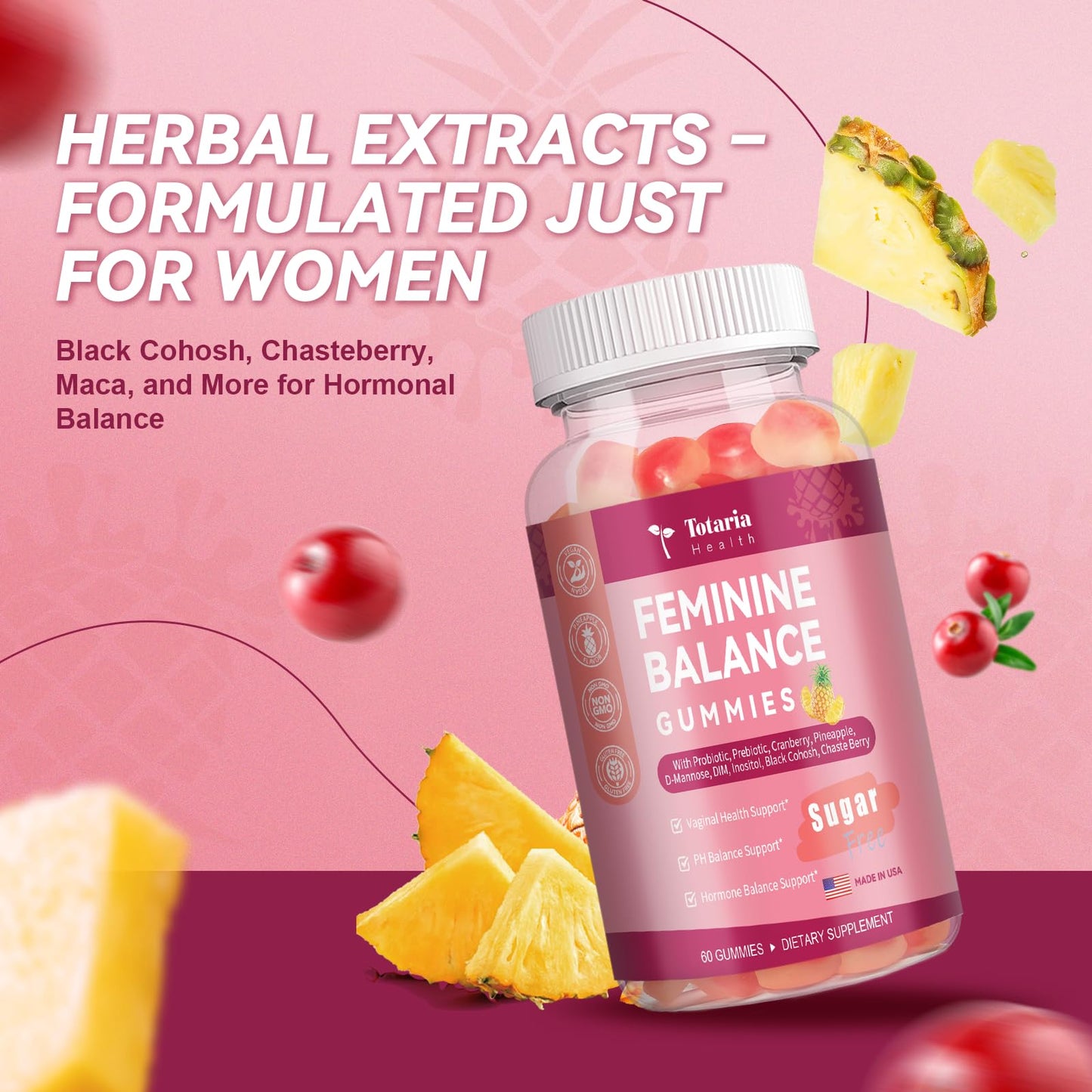 Premium Feminine Balance Gummies Sugar Free Multivitamin Gummies for Women PH Balance Vitality & Gut Health Support Pineapple Flavor 60 Count
