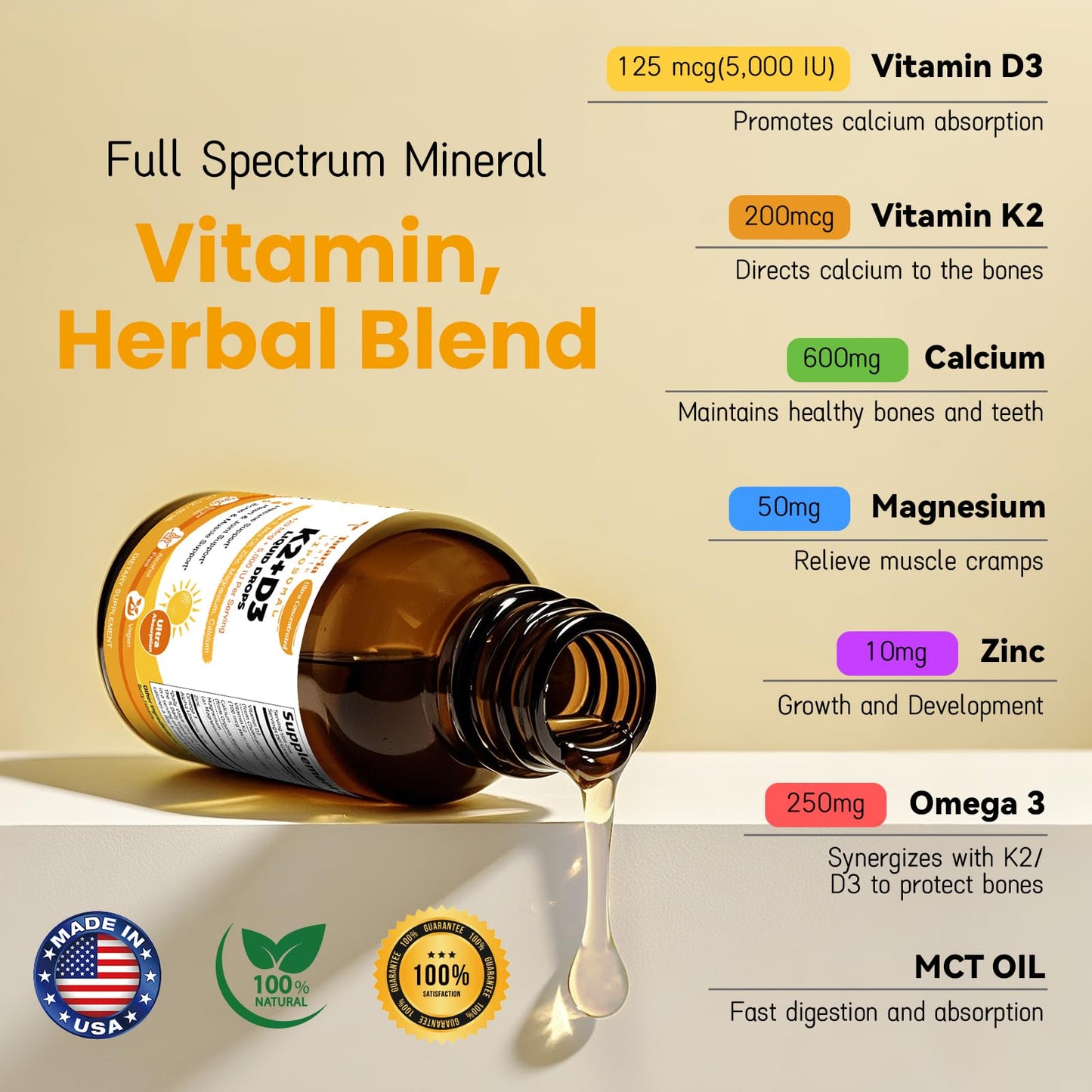 Liposomal Liquid Vitamin D3 K2 Supplement Drops with MCT Oil, Omega 3 - (5000 IU) D3 + (200 MCG) K2 Bone Strength with Calcium Magnesium Zinc Support Teeth, Bones, Vitamin D, Non-GMO Made in USA