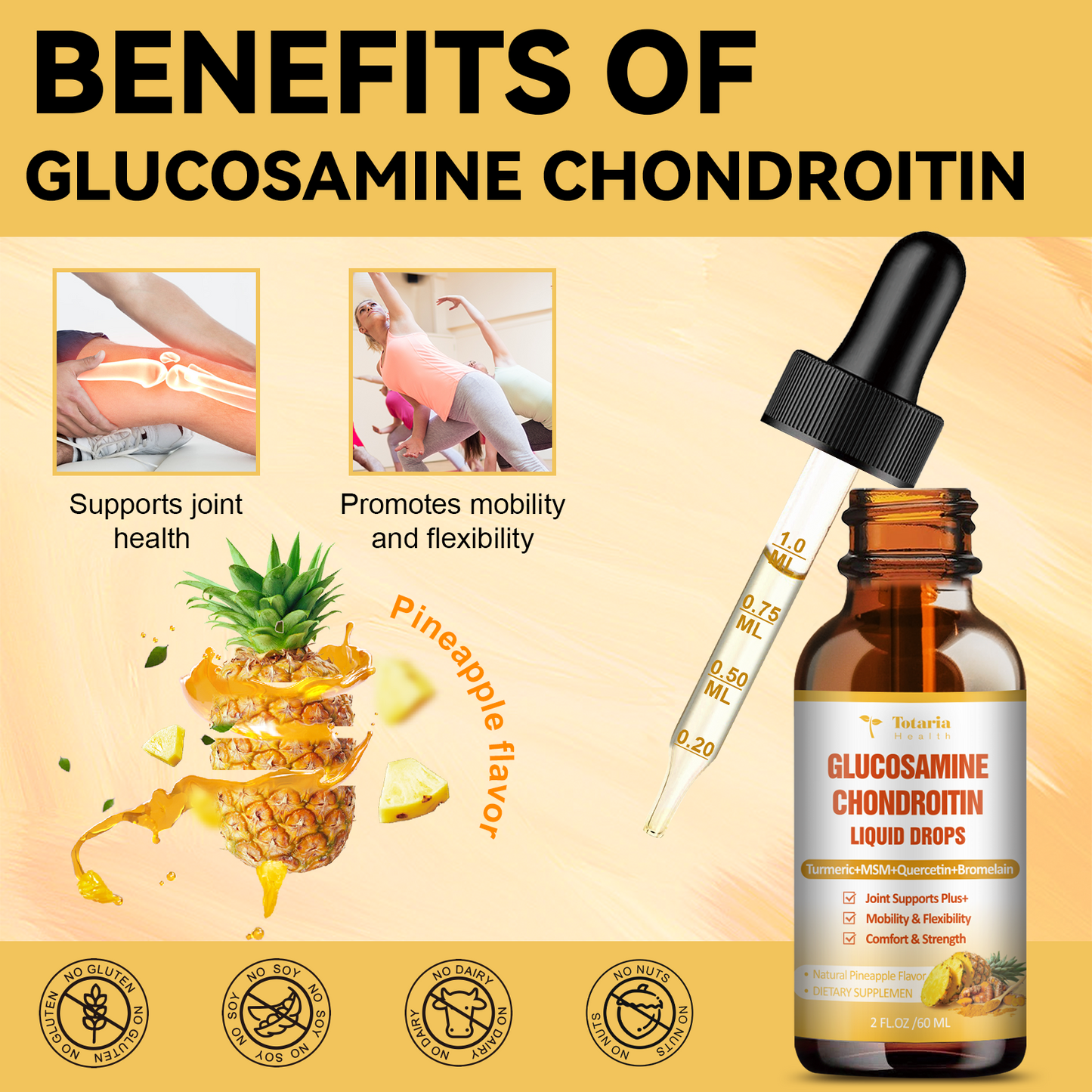 Glucosamine Chondroitin MSM Liquid Drops - FSA HSA Eligible Items List - Chondroitin Sulfate Supplement Turmeric, Quercetin, Bromelain, MSM Oil Support Joint Health Supplements for Man & Woman