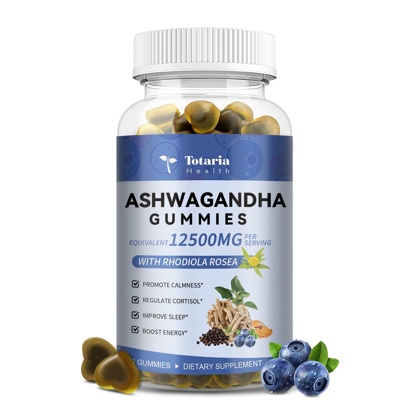 Ashwagandha Filled Gummies 12500mg w/ Magnesium Glycinate, Rhodiola Rosea, Ultra Strength Ashwagandha Supplements for Women & Wen, for Relaxation, Energy, Cortisol Health, Blueberry Flavor, 60 Count