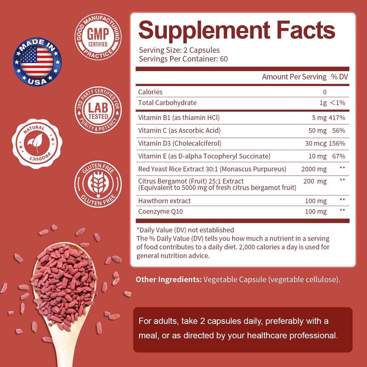 Red Yeast Rice with CoQ10 Supplement - Max Strength Red Yeast Rice 2,000 mg Capsules with CoQ10 100mg Plus Citrus Bergamot - Niacin-Free, Cholesterol & Energy Supplement 3rd-Party Tested Vegan Non-GMO