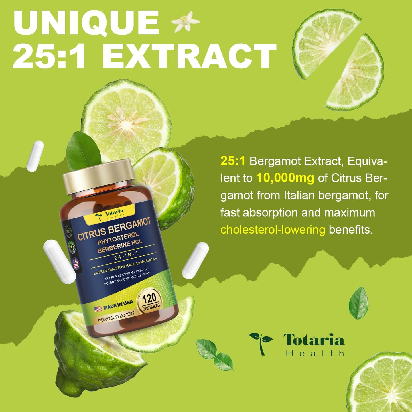 Organic Citrus Bergamot Capsules for Healthy Cholesterol - 1566mg Per Serving Bergamot Supplements 25:1 Extract from Italy Bergamot for Heart, Immune Support, Antioxidant, Anti-Aging, Vegan GMO-Free