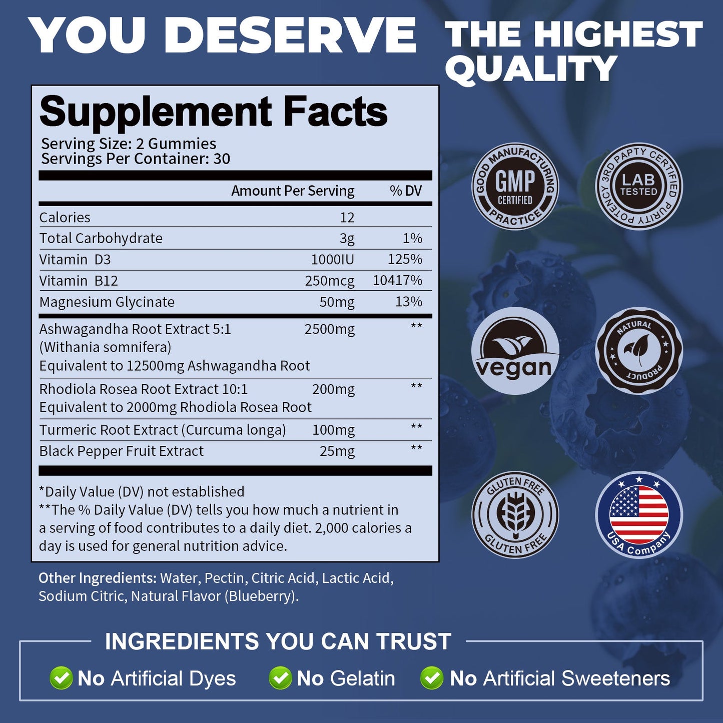 Ashwagandha Filled Gummies 12500mg w/ Magnesium Glycinate, Rhodiola Rosea, Ultra Strength Ashwagandha Supplements for Women & Wen, for Relaxation, Energy, Cortisol Health, Blueberry Flavor, 60 Count