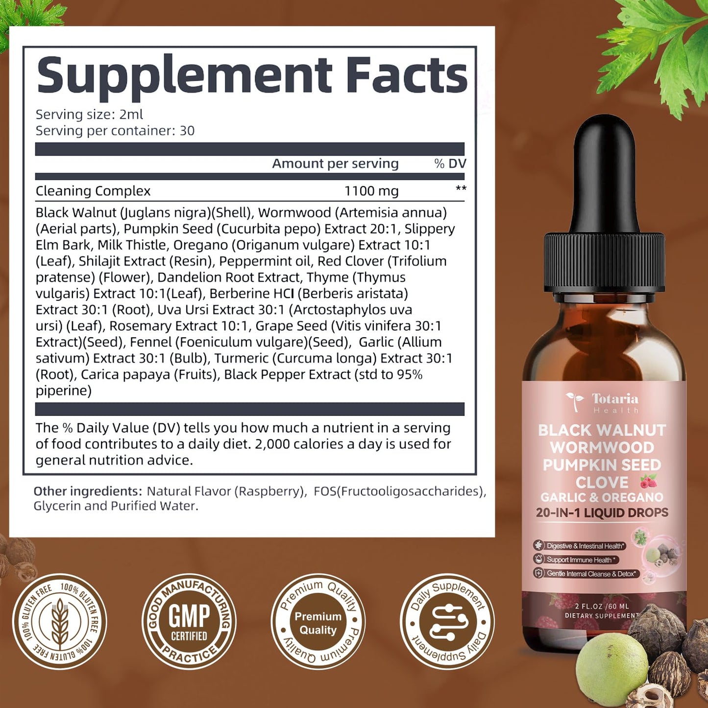 20 in 1 Black Walnut Wormwood Tincture - Clove,Pumpkin Seed,Garlic,Oregano,Berberine - Gentle Gut Cleanse & Digestive Health - Alcohol-Free,Gut-Friendly -Raspberry Flavor - 2FL