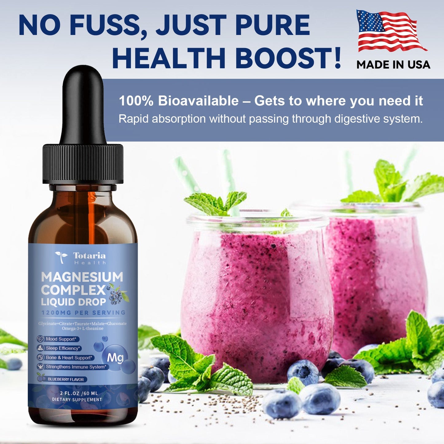 21 in 1 Magnesium Glycinate Complex Liquid Drop with Vitamin D3,K2,B6 & B12 Plus L-Theanine Omega-3 Sea Moss Extract for Energy,Sleep,Joint,Heart Health Sugar Free Blueberry Flavor,2 Fl Oz
