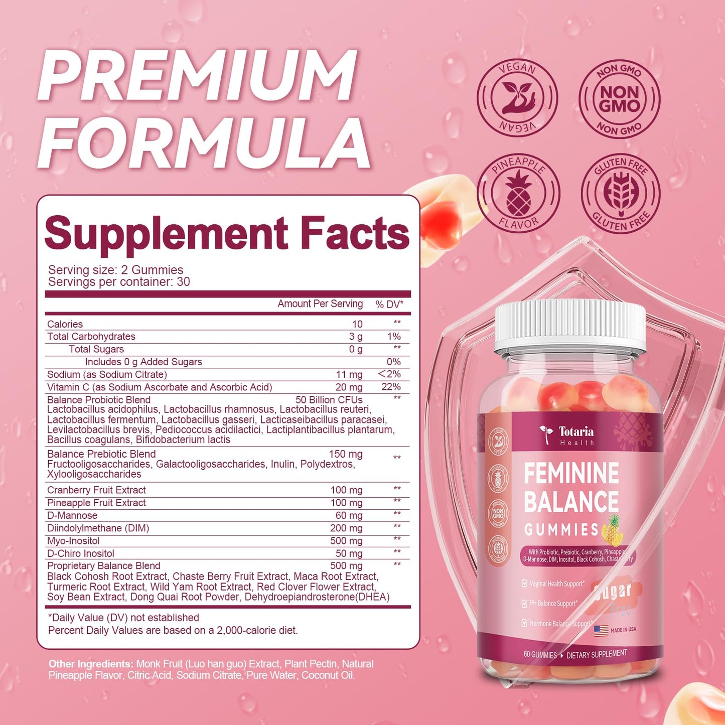 Premium Feminine Balance Gummies Sugar Free Multivitamin Gummies for Women PH Balance Vitality & Gut Health Support Pineapple Flavor 60 Count