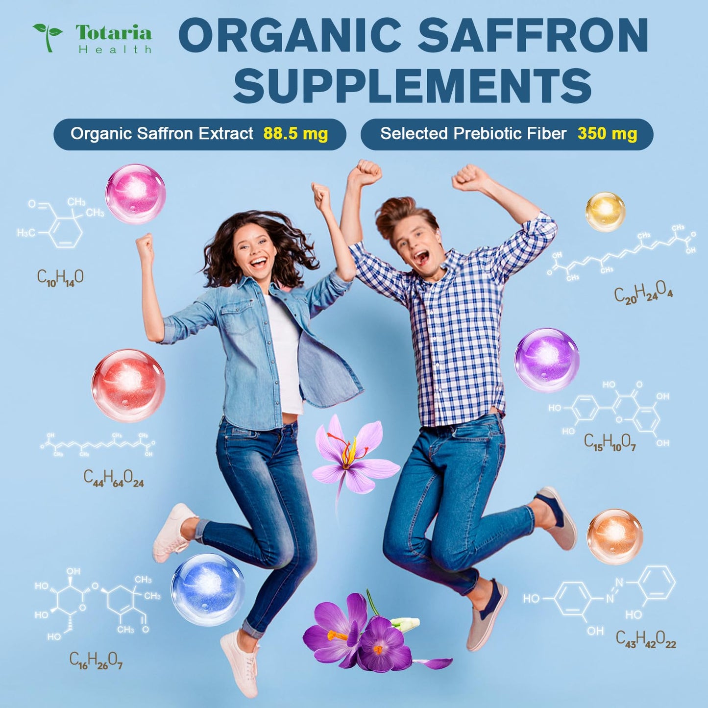 Organic Happy Saffron Supplements - 100% Organic Saffron Extract 88.5mg per Serving - with Prebiotic Fiber for Better Mood, Energy, Eyes, Immunity, Blood & Digestion, Men & Women, 60 Vegan Caps