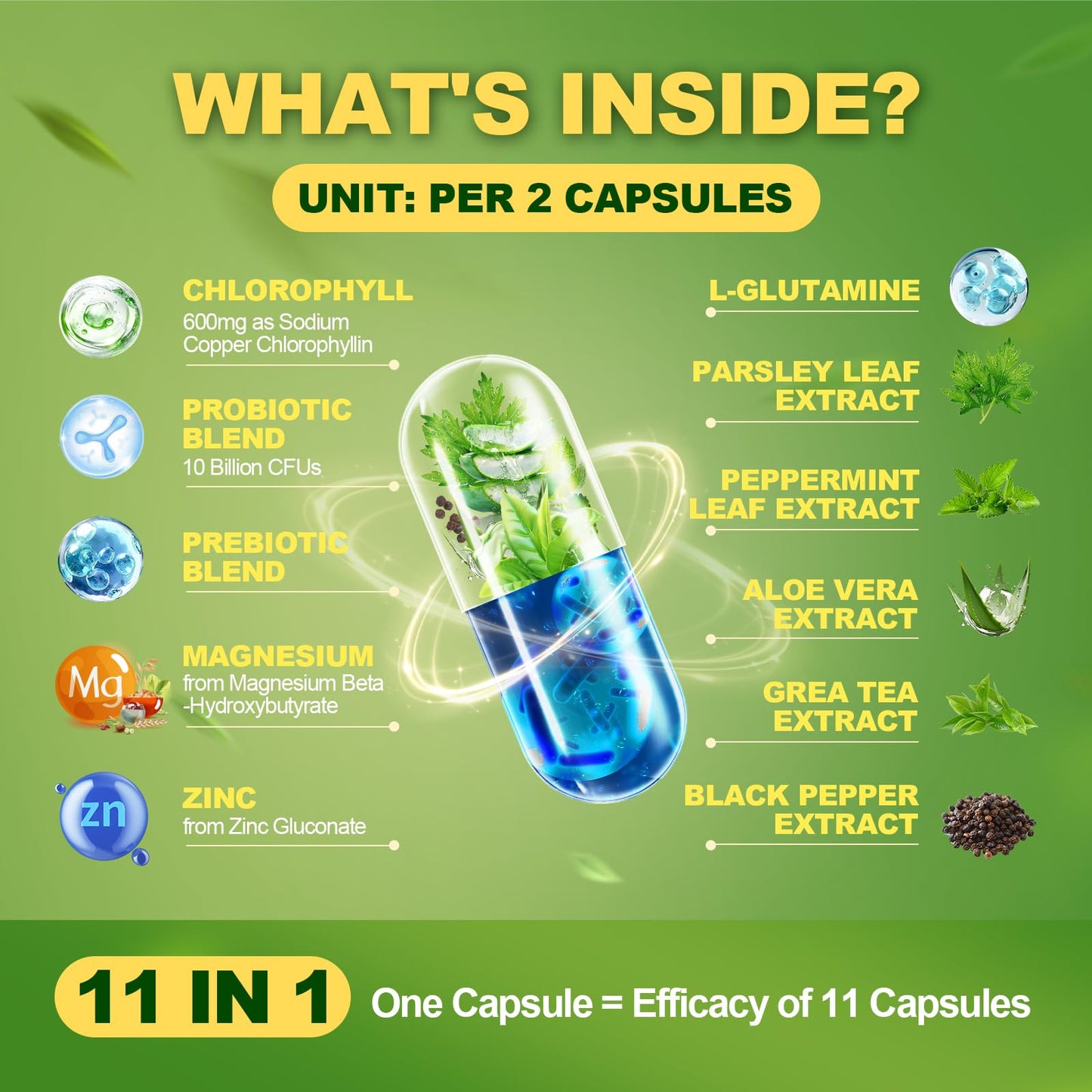 Body Deodorizing Supplement - Chlorophyll Body Deodorizing Capsules with Probiotic & Prebiotic, Magnesium, Zinc, L-Glutamine Deodorant Supplements, 120 Count