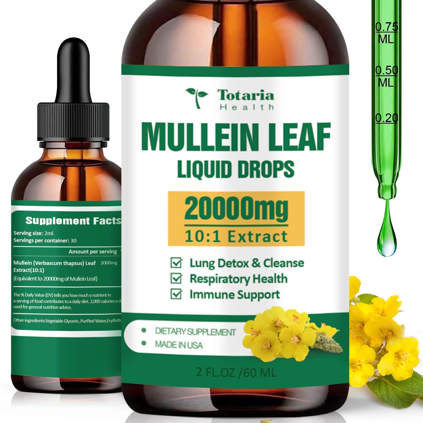 Mullein Drops for Lungs - 98% Absorption Rate 20000mg Pure Mullein Leaf per Serving - Orangic Mullein for Lung Detox & Cleanse, Respiratory Health, Immunity - Alcohol Free, Natural & Vegan - 2 FL.OZ