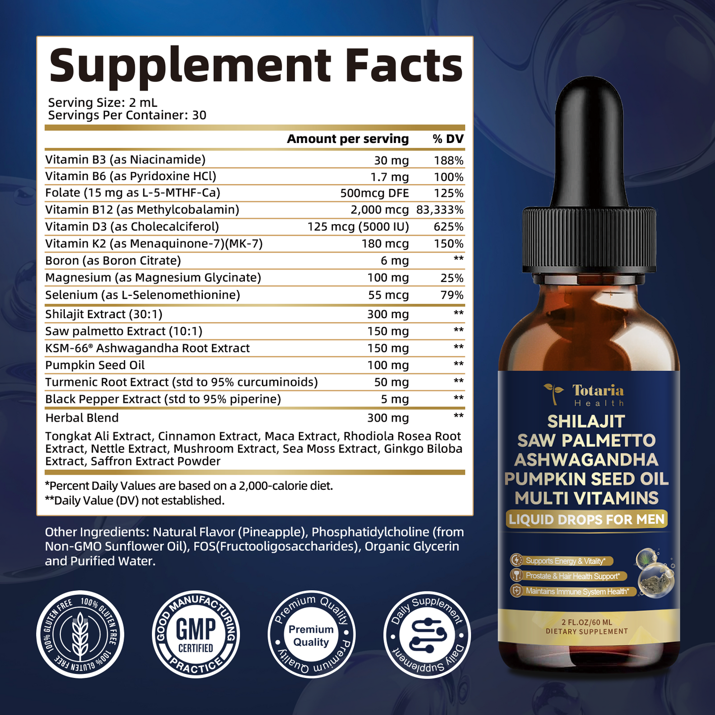 Shilajit Liquid Drops with Saw Palmetto .Ashwagandha .Pumpkin Seed Oil .Sea Moss,Multivitamin - Shilajit for Men - Support Prostate Health & Hair,Energy & lmmune Function - 2FL - Pineapple Flavor