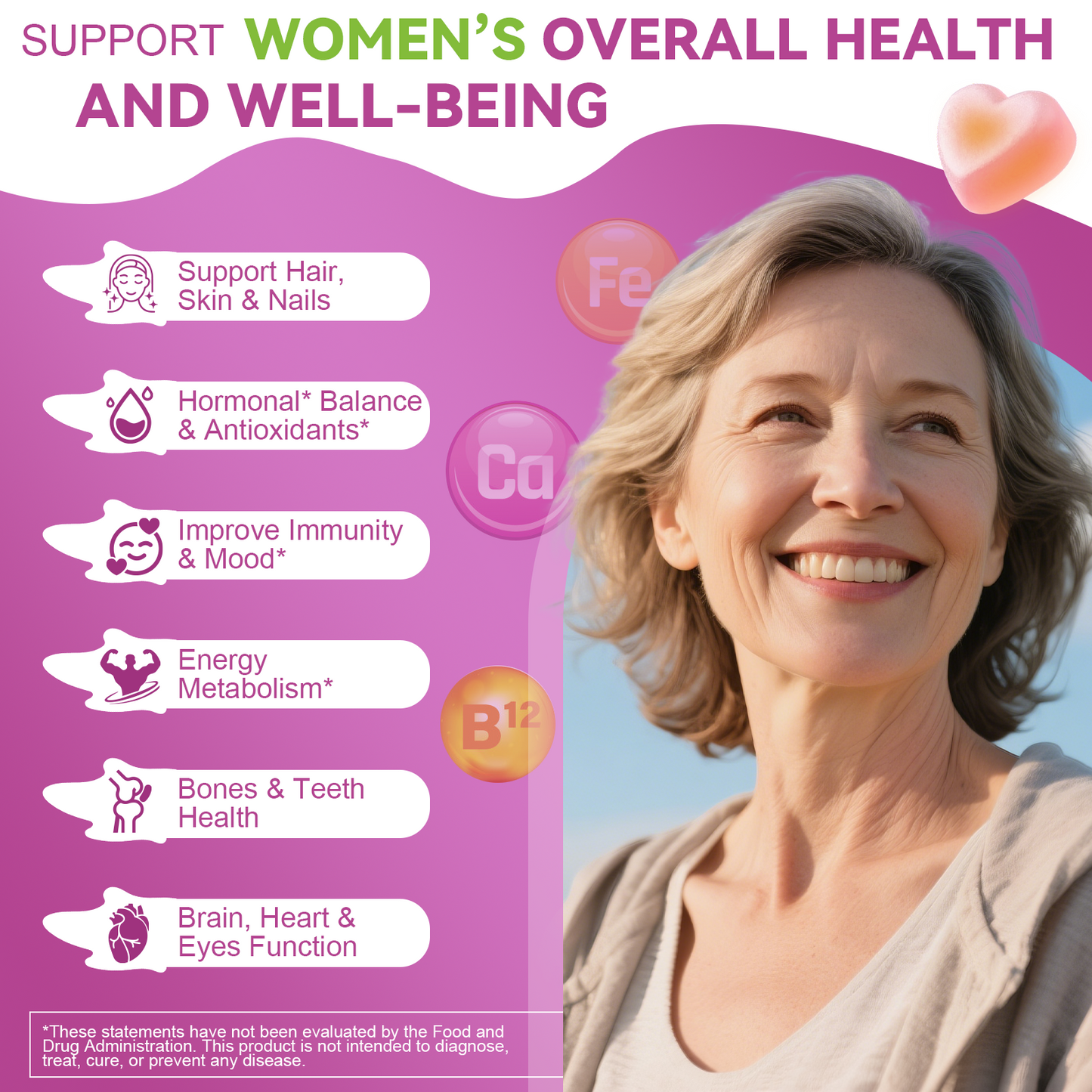 Sugar Free Multivitamin Gummies for Women 14+ w/Iron, Inositol, Folate, Biotin, Womens Daily Multivitamin Gummy w/Vitamin A, D, C, B, Support Hair, Skin, Energy, Immune