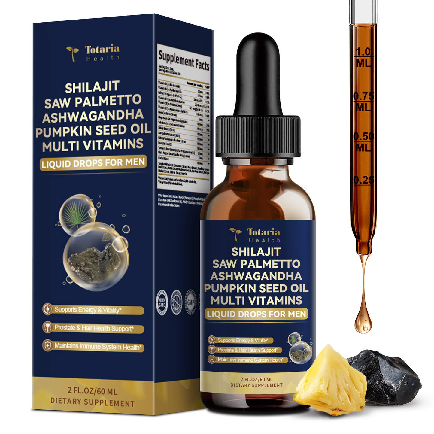 Shilajit Liquid Drops with Saw Palmetto .Ashwagandha .Pumpkin Seed Oil .Sea Moss,Multivitamin - Shilajit for Men - Support Prostate Health & Hair,Energy & lmmune Function - 2FL - Pineapple Flavor
