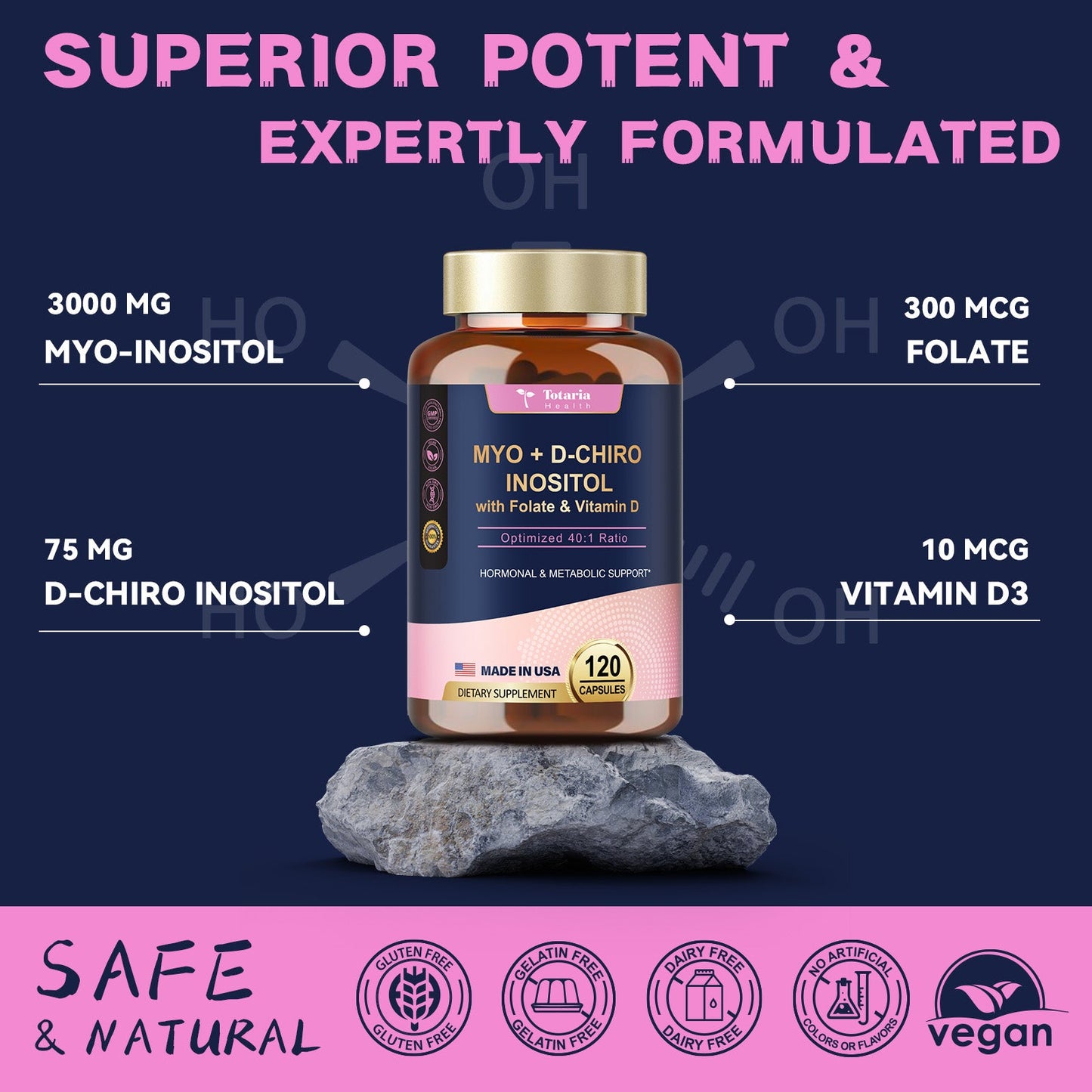 Inositol Supplement for Women with Vitamin D3, Folate, 40:1 Ratio Myo-Inositol 3000mg & D-Chiro Inositol 75mg Complex, (Vitamin B8) Inositol Capsules, 120 Capsules, 40 Servings