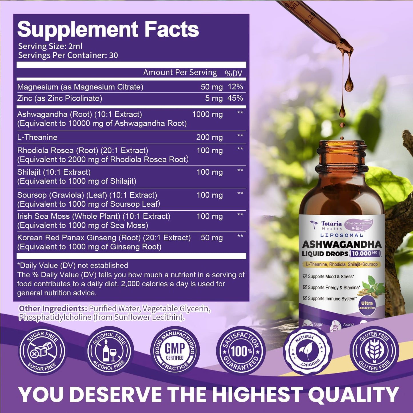 Liposomal Ashwagandha Liquid Drops w/Soursop, L-Theanine, Shilajit, 10000mg (10:1 Extract) Maximum Absorption, Natural Calm, Energy, Cortisol Health for Women & Men, Non-GMO, Alcohol Free
