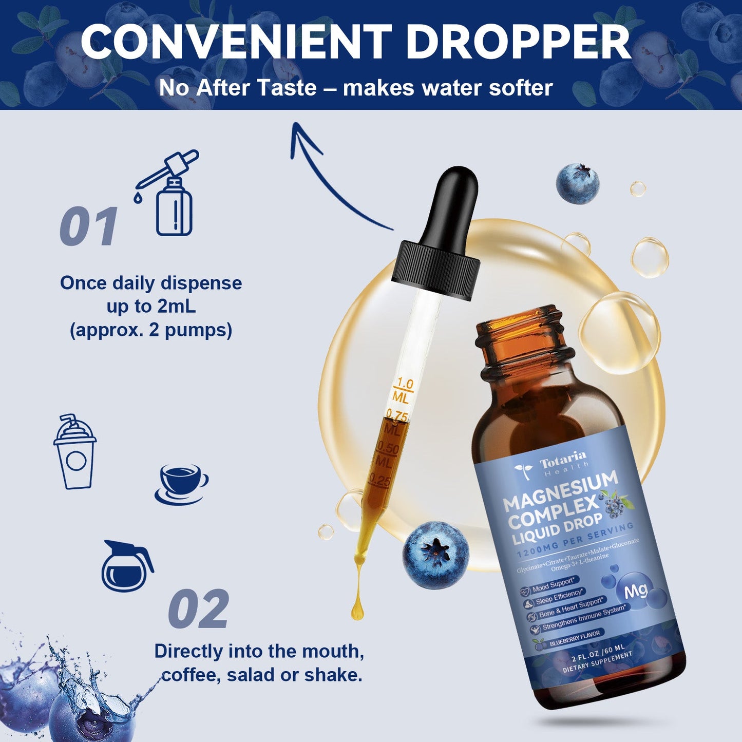 21 in 1 Magnesium Glycinate Complex Liquid Drop with Vitamin D3,K2,B6 & B12 Plus L-Theanine Omega-3 Sea Moss Extract for Energy,Sleep,Joint,Heart Health Sugar Free Blueberry Flavor,2 Fl Oz