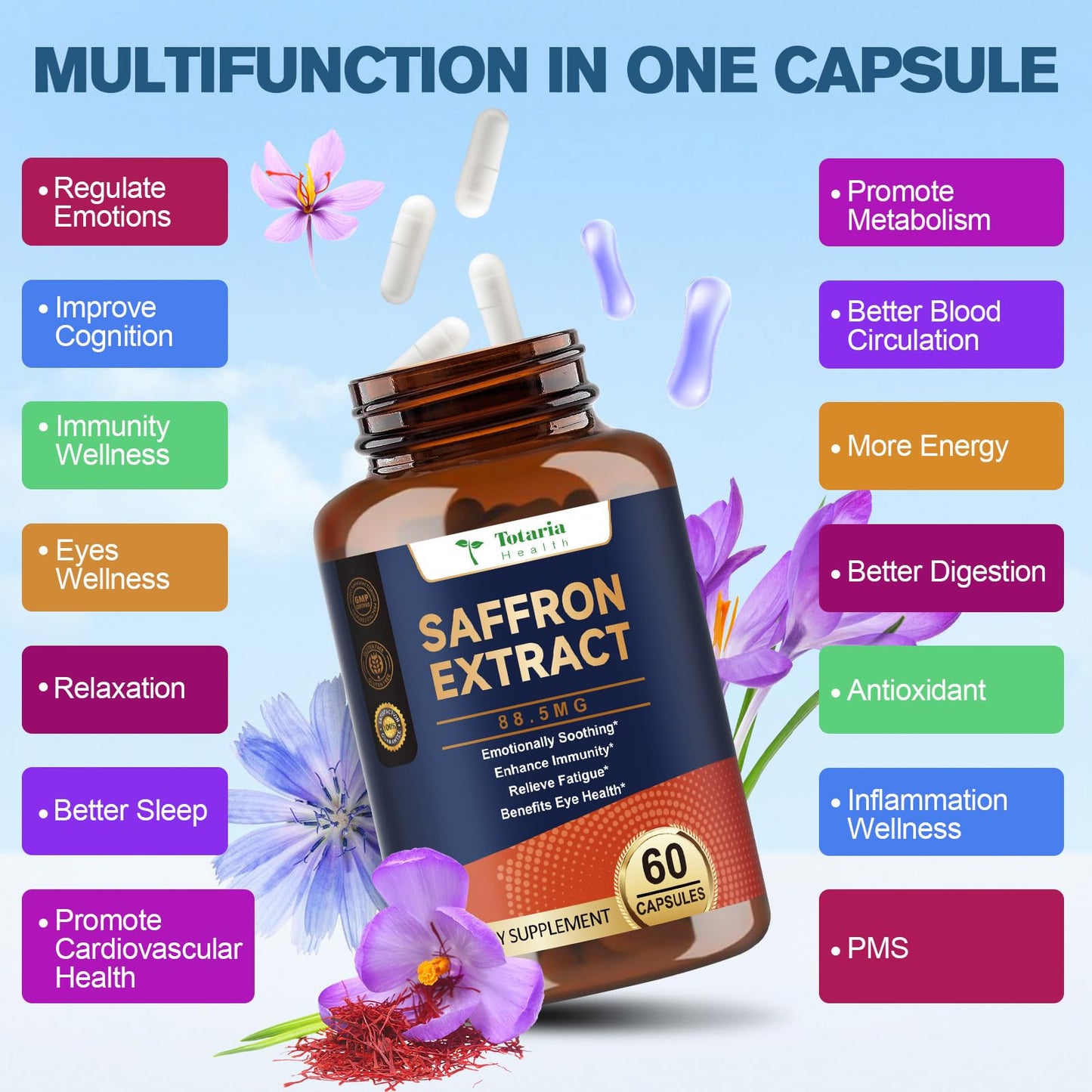 Organic Happy Saffron Supplements - 100% Organic Saffron Extract 88.5mg per Serving - with Prebiotic Fiber for Better Mood, Energy, Eyes, Immunity, Blood & Digestion, Men & Women, 60 Vegan Caps