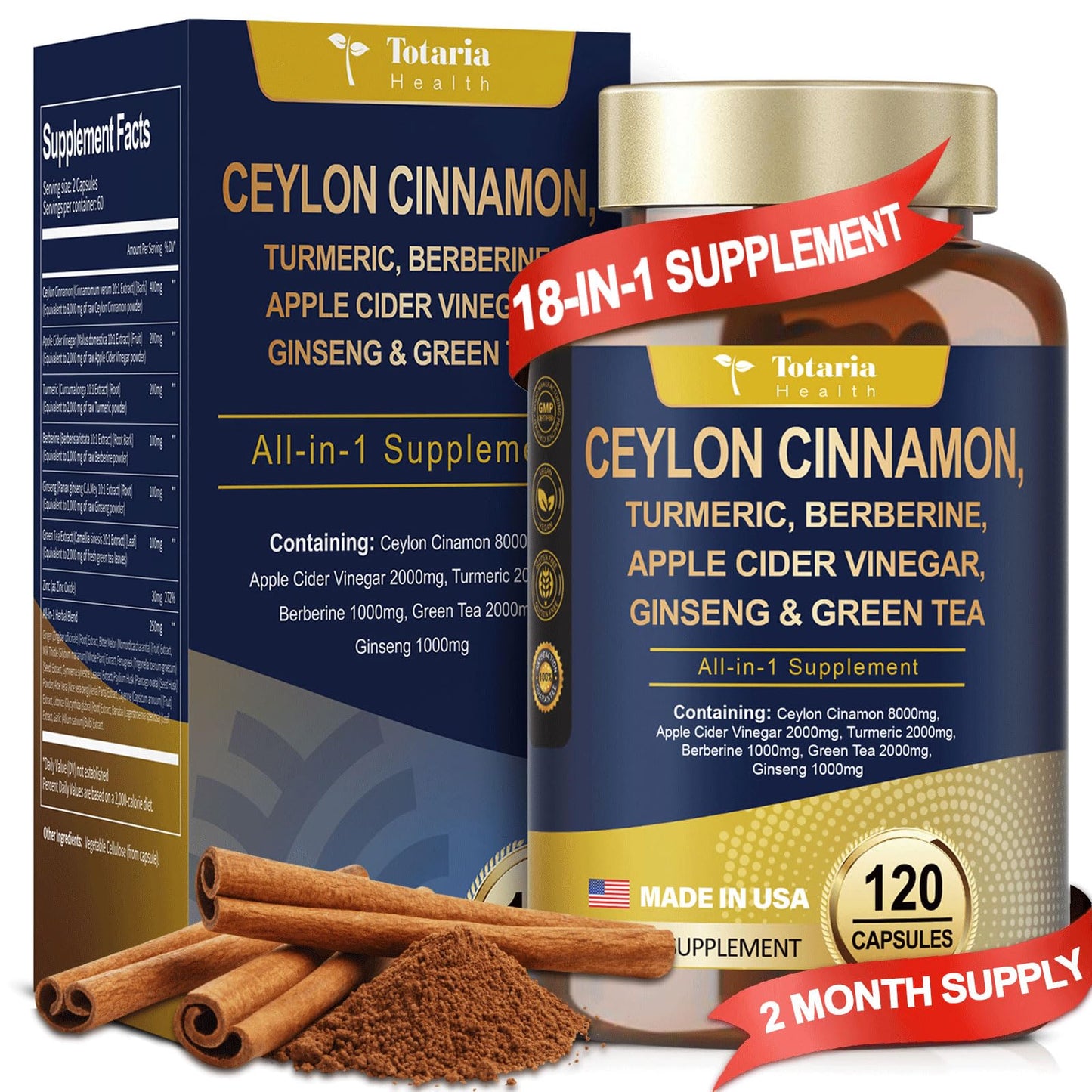18-in-1 Ceylon Cinnamon Capsules 8000mg, Ultra Strength Ceylon Cinnamon Supplement w/ Apple Cider Vinegar Bitter Melon Turmeric Berberine, Vegan Capsules for Gut, Metabolism & Heart,120 Caps