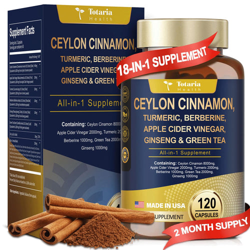 18-in-1 Ceylon Cinnamon Capsules 8000mg, Ultra Strength Ceylon Cinnamon Supplement w/ Apple Cider Vinegar Bitter Melon Turmeric Berberine, Vegan Capsules for Gut, Metabolism & Heart,120 Caps