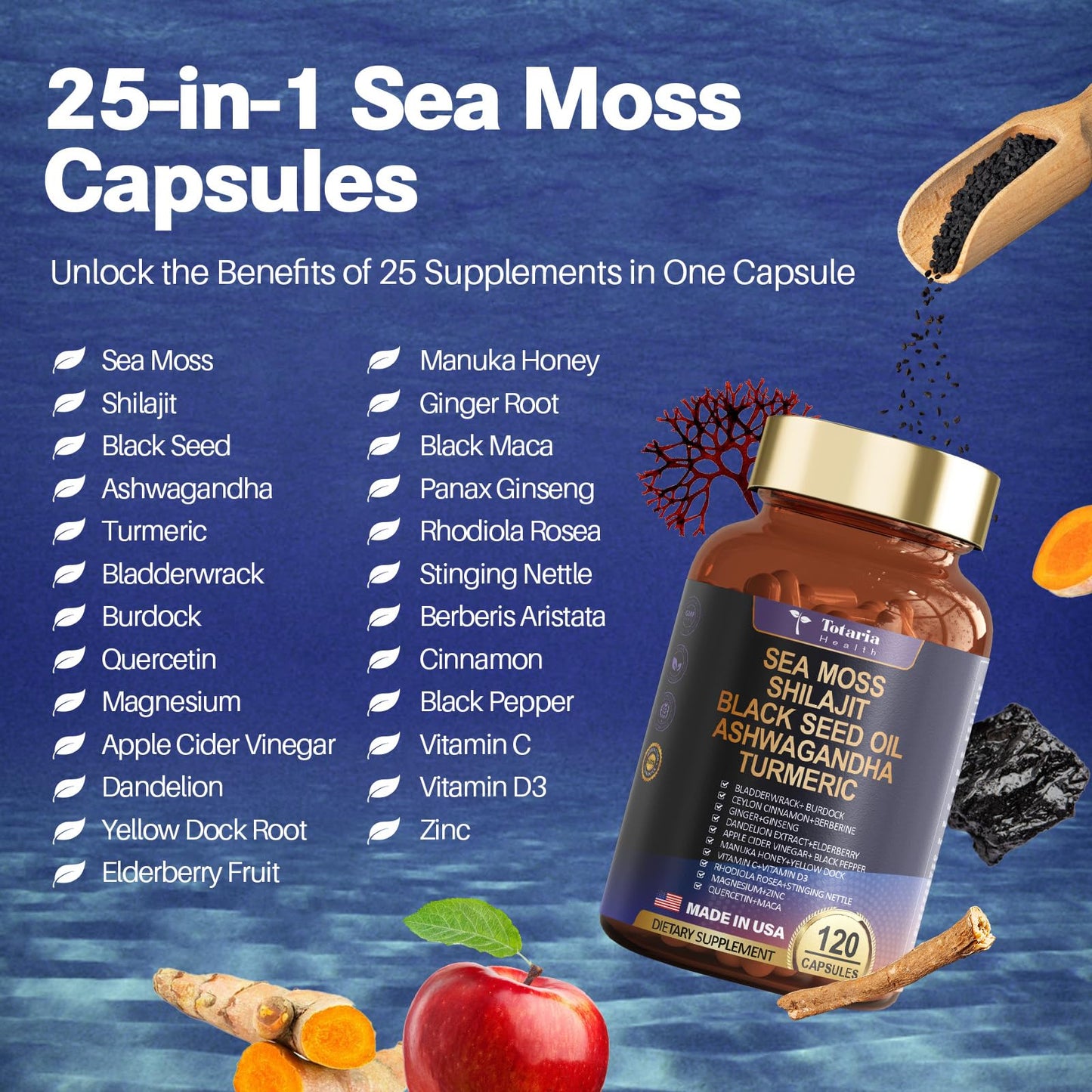 25-in-1Sea Moss Black Seed Oil Ashwagandha Ginger Shilajit Supplement 18525mg, Sea Moss Capsules with Bladder Burdock Ceylon Cinnamon Berberine ACV Manuka VIT C&D3 for Immune, Gut & Energy, 120 Caps