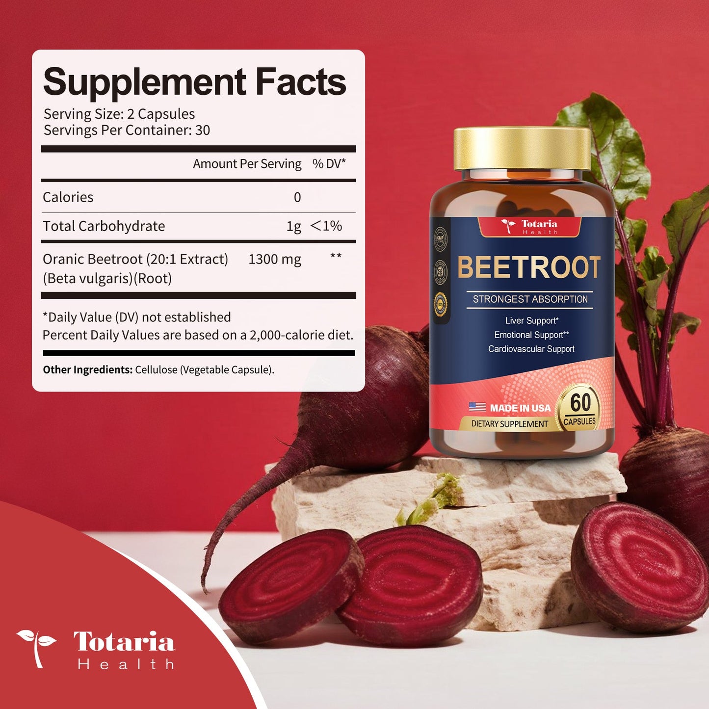 Organic Beet Root Capsules – 1300mg Beetroot Powder for Natural Energy & Endurance, Liver, Mood & Heart Support, Non-GMO, GMP Certified, High Absorption | 60 Vegan Capsules