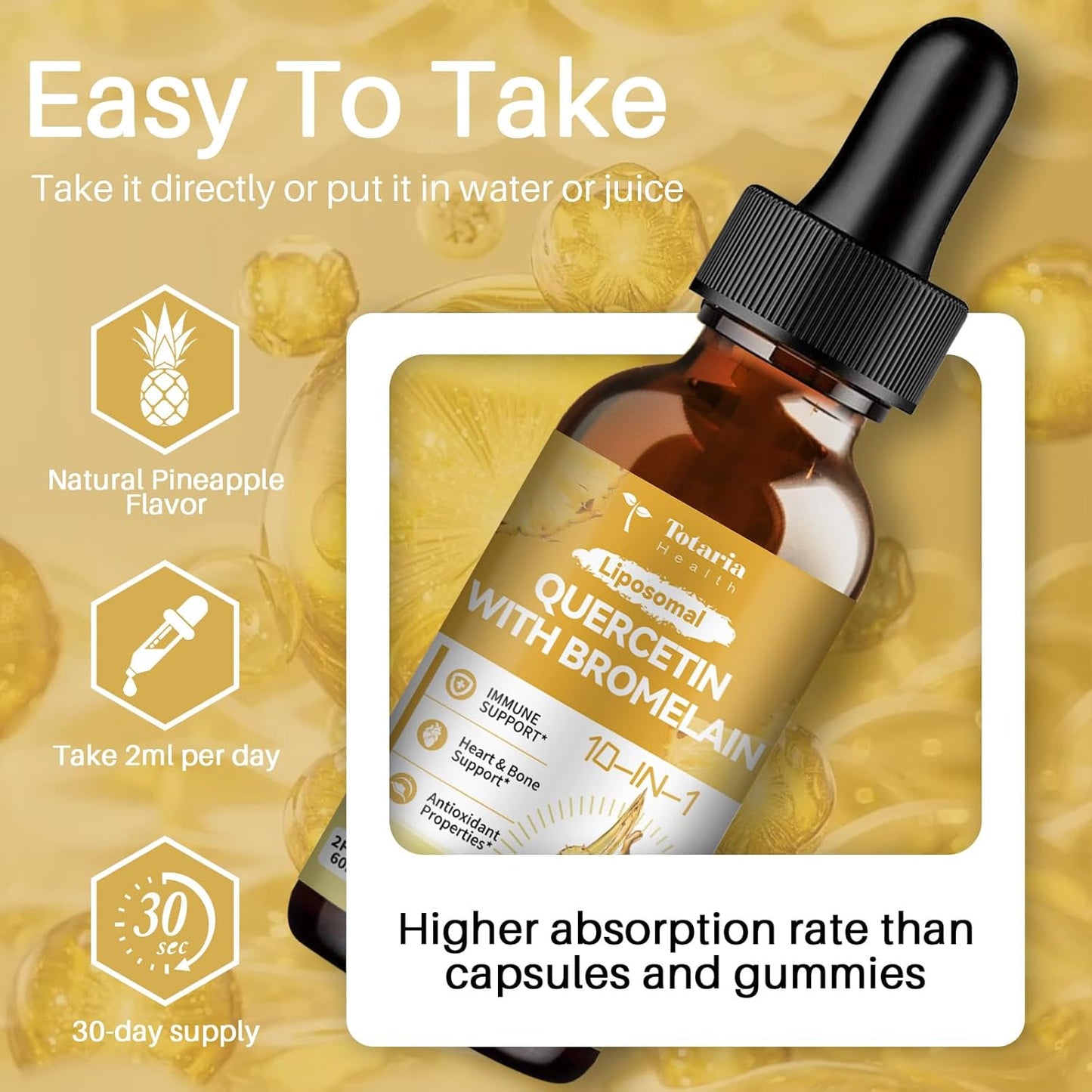 Liposomal Quercetin with Bromelain Liquid Drops - High Absorption Quercetin 1000mg & Bromelain 500mg Plus Elderberry,Vitamin C,Zinc for Immune & Antioxidant & Heart & Bone Support- 2 Fl Oz