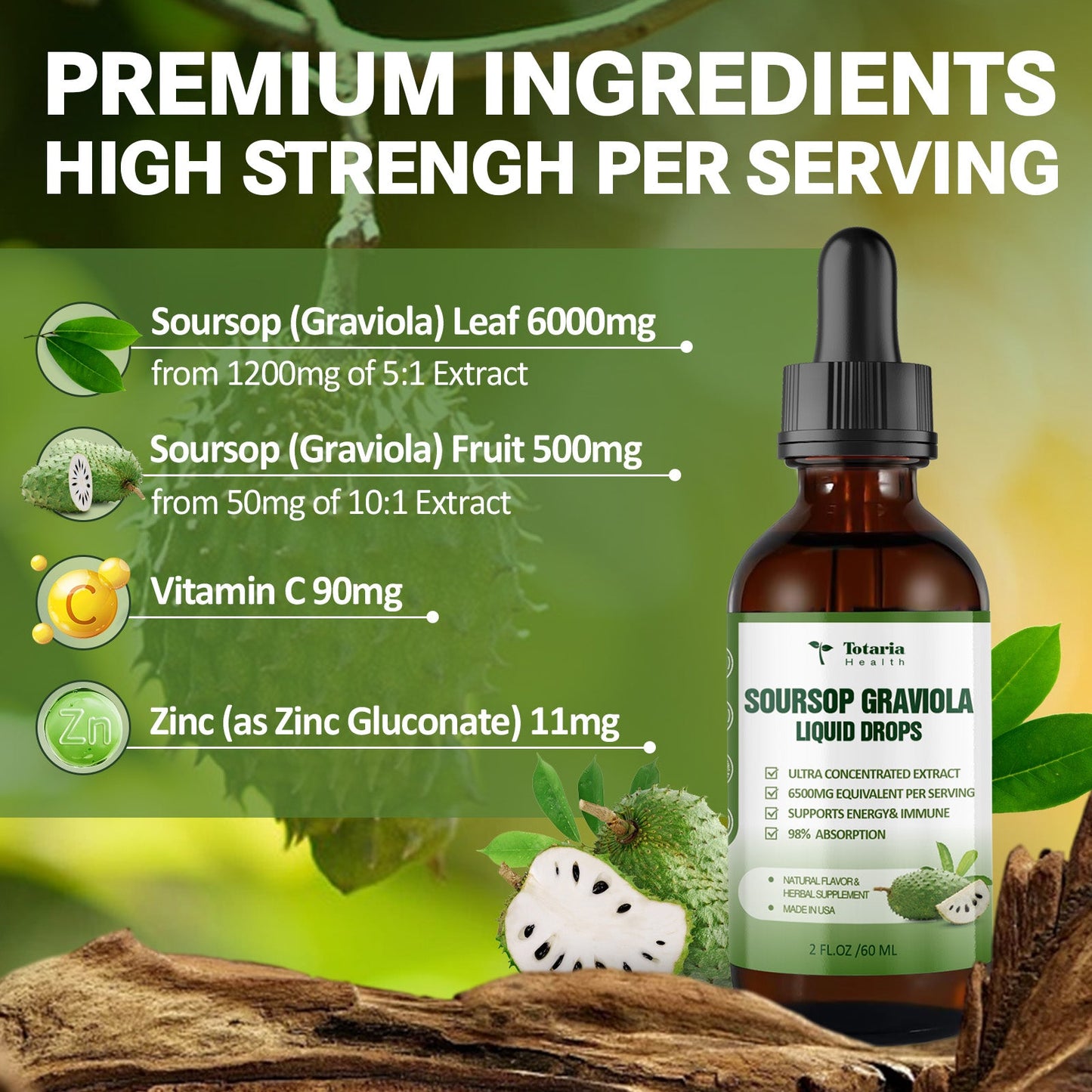 (2 FL) Pure Soursop Graviola Oil Leaf 6000mg, Soursop Fruit 500mg Liquid Drops Organic Soursop Leaves Extract Immune Support Antioxidation - Sour SOP Bitters Multivitamin Soursop Tincture Supplements