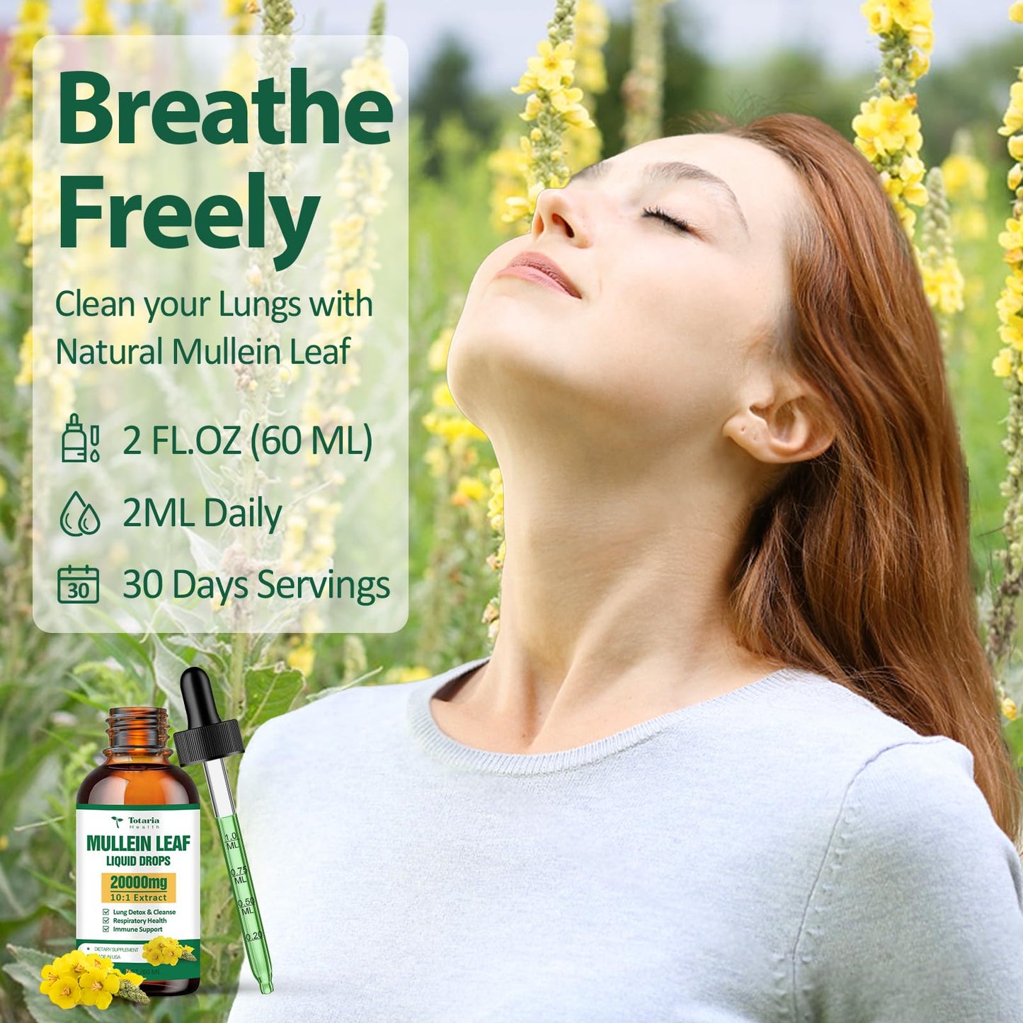 Mullein Drops for Lungs - 98% Absorption Rate 20000mg Pure Mullein Leaf per Serving - Orangic Mullein for Lung Detox & Cleanse, Respiratory Health, Immunity - Alcohol Free, Natural & Vegan - 2 FL.OZ