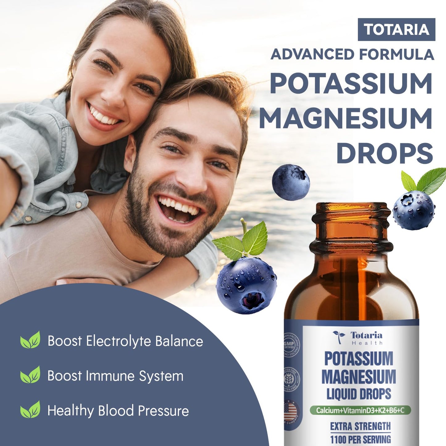 Potassium Magnesium Supplement Liquid Drops - Potassium 200mg & 600mg Triple Complex Magnesium Glycinate Liquid Citrate Oil High Absorption Potasio Support Bone, Muscle, Leg Cramps, Blueberry