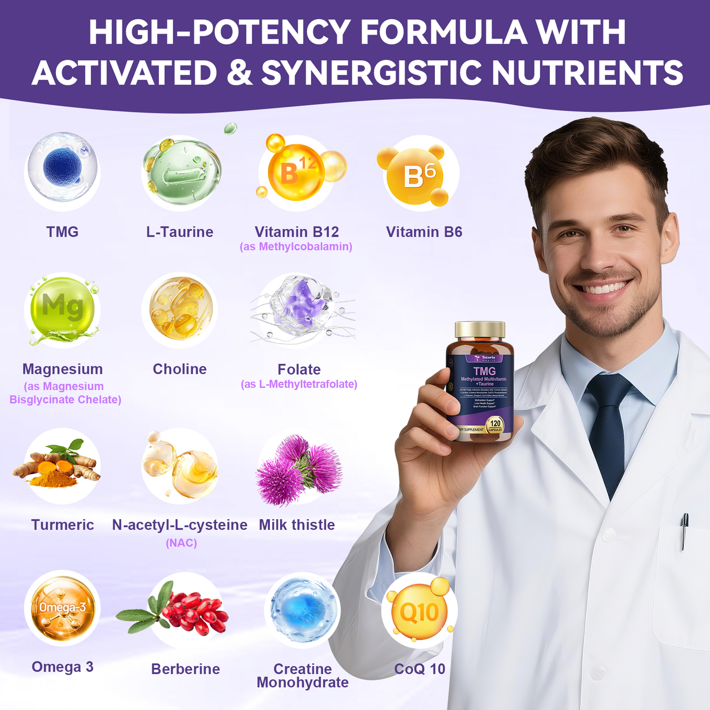 Totaria 750mg TMG Supplements (Trimethylglycine), Methylated Multivitamin for Women Men w/ B6, B12, B9, NAC, L-Taurine, Choline, for Methylation, Liver, Homocysteine Levels, Brain, 120 Vegan Capsules