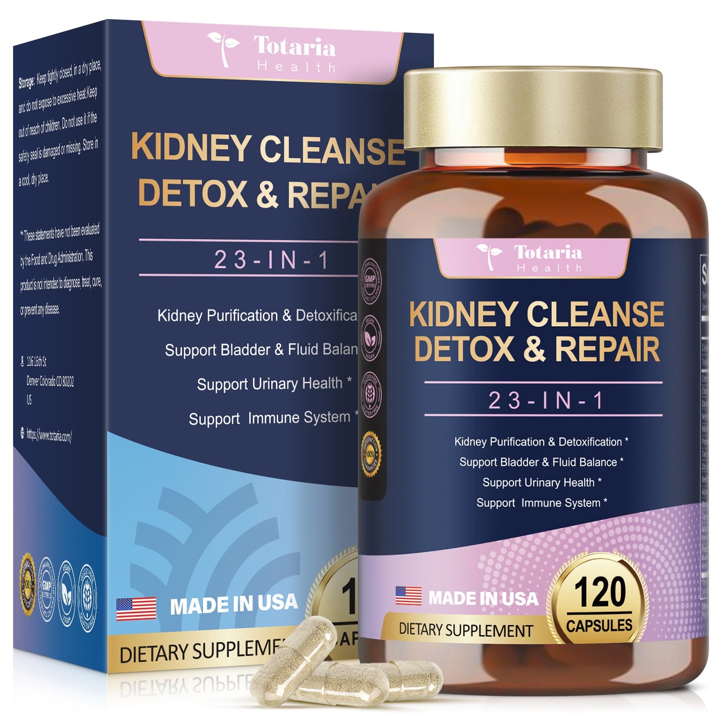 Kidney Cleanse Detox & Repair Capsules 120 Counts, 23 IN 1 Kidney Support Supplement Extra Strength with Chanca Piedra, Cranberry Supports Liver & Kidney Function Stone Breaker Dissolve Bladder Health